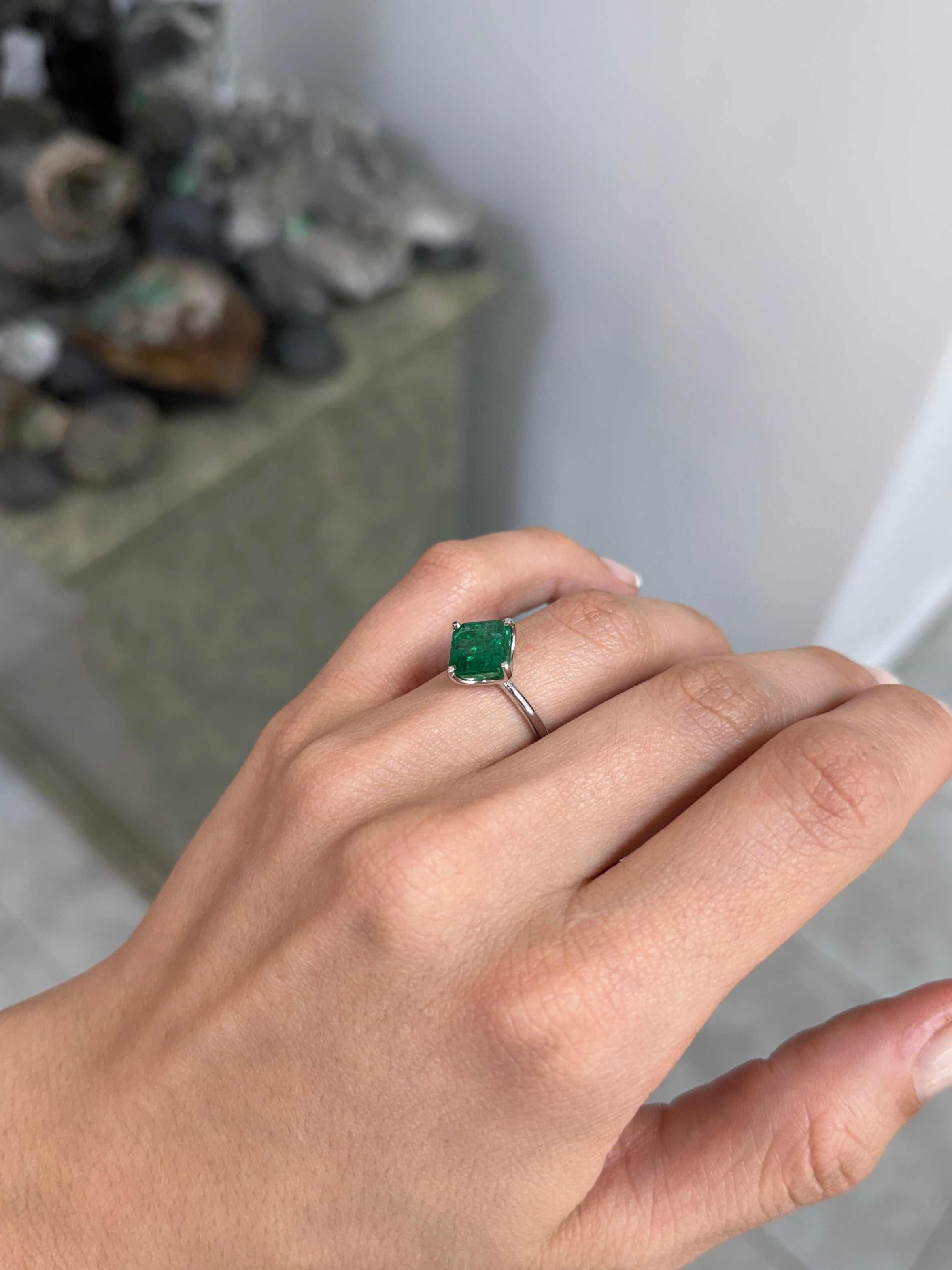 3.65tcw Freckled Asscher Cut Emerald Compass Set & Diamond Accent Prong Set Ring 14K White Gold