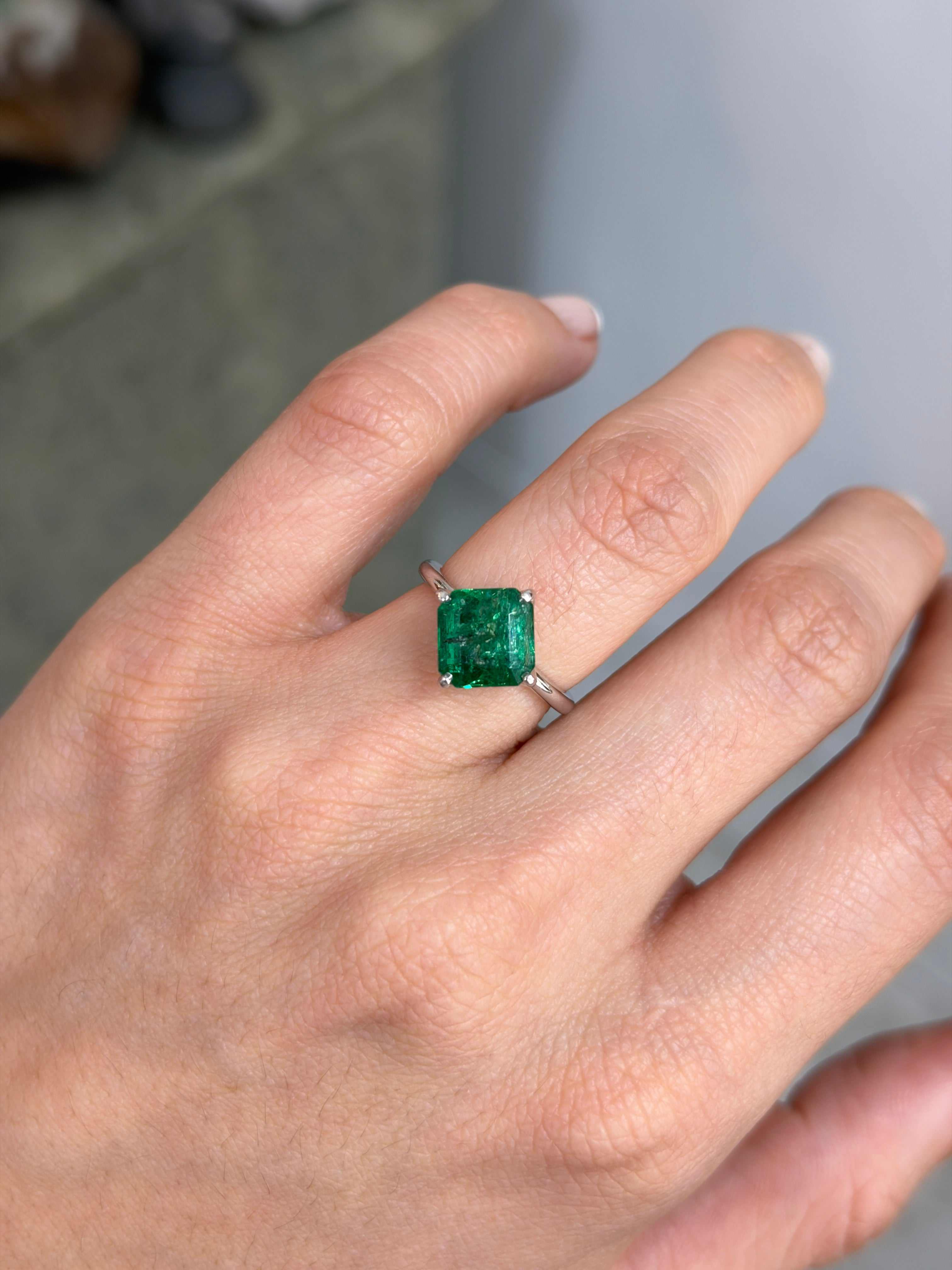 3.65tcw Freckled Asscher Cut Emerald Compass Set & Diamond Accent Prong Set Ring 14K White Gold