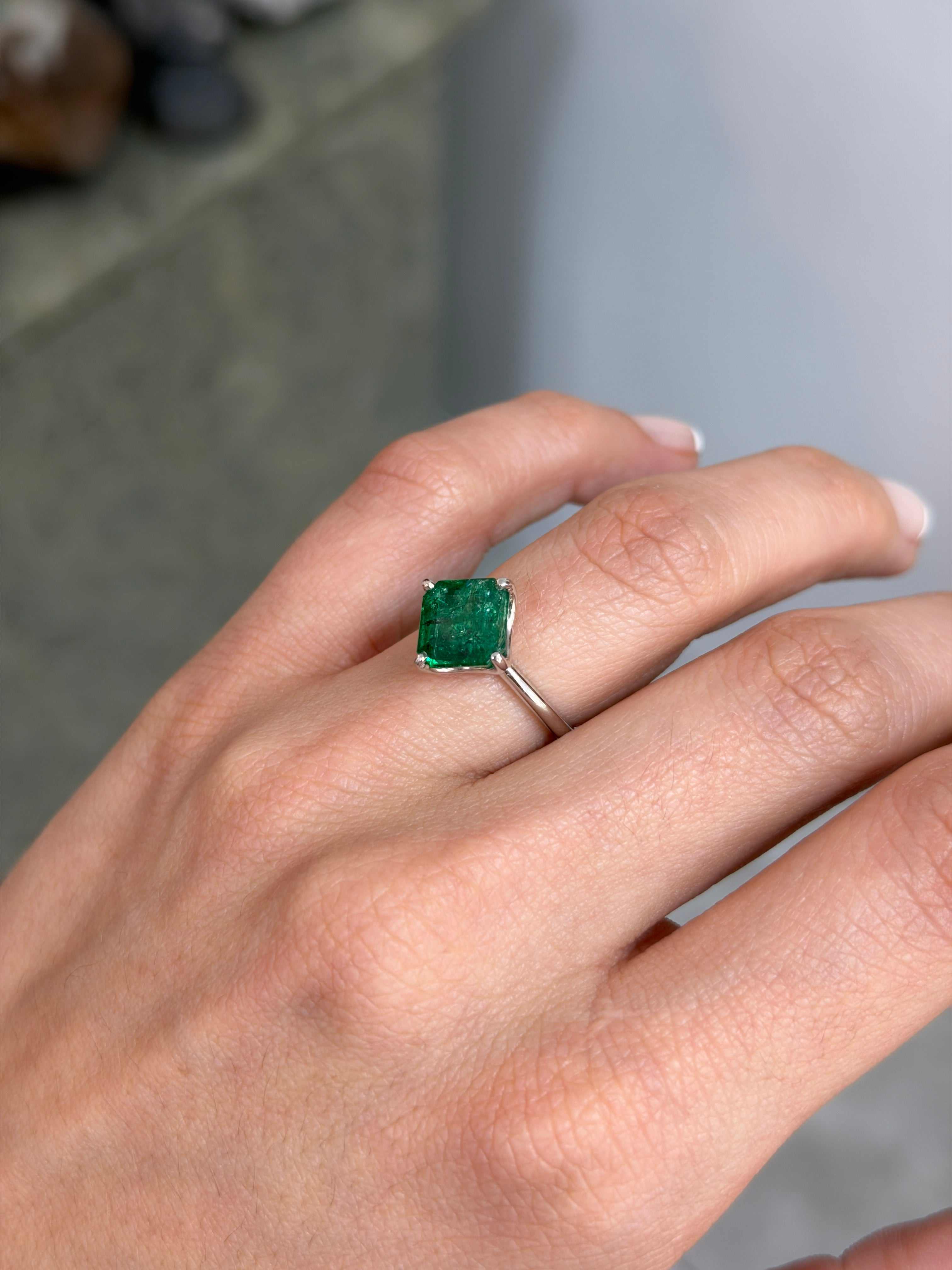 3.65tcw Freckled Asscher Cut Emerald Compass Set & Diamond Accent Prong Set Ring 14K White Gold