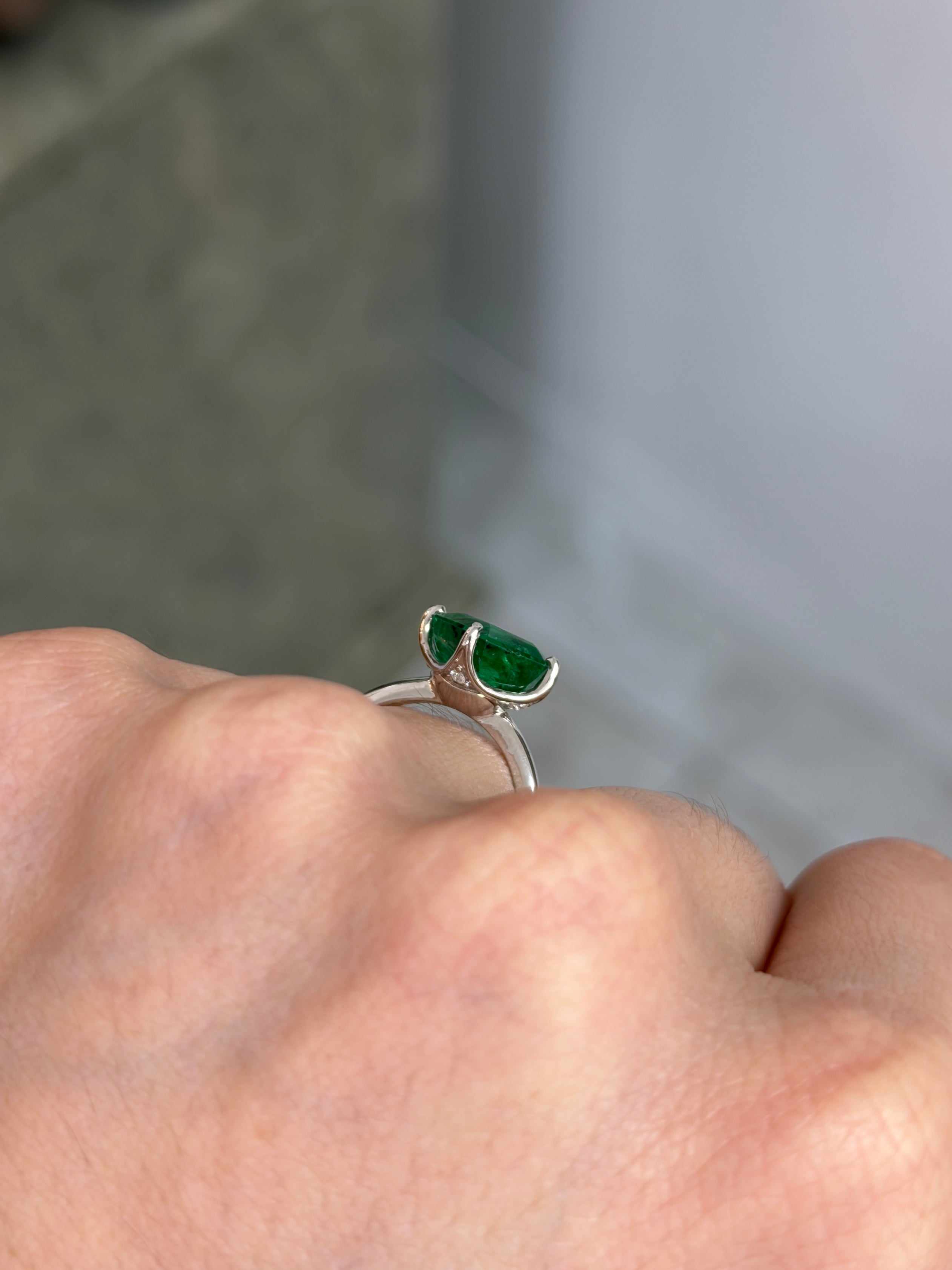 3.65tcw Freckled Asscher Cut Emerald Compass Set & Diamond Accent Prong Set Ring 14K White Gold