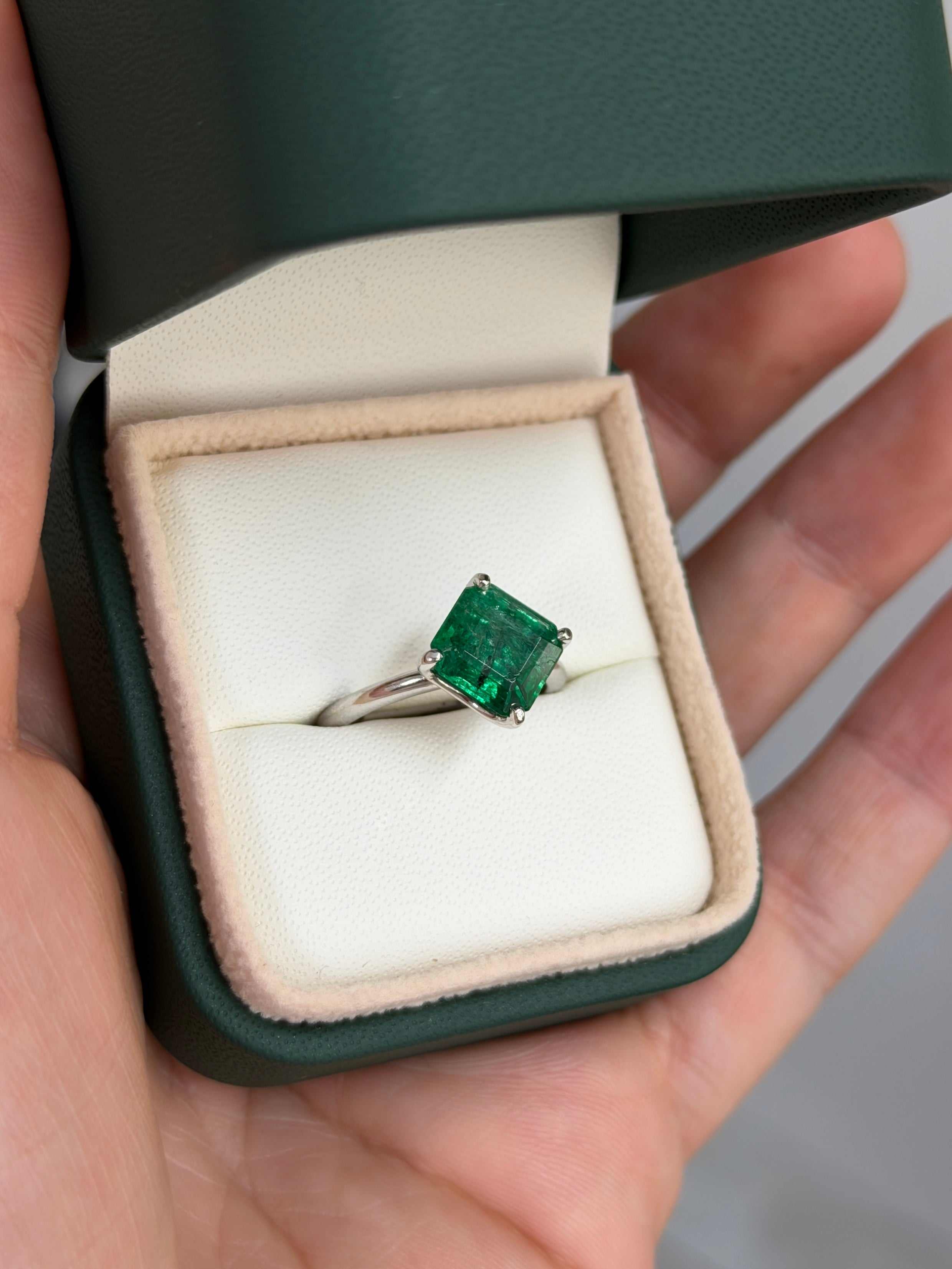 3.65tcw Freckled Asscher Cut Emerald Compass Set & Diamond Accent Prong Set Ring 14K White Gold