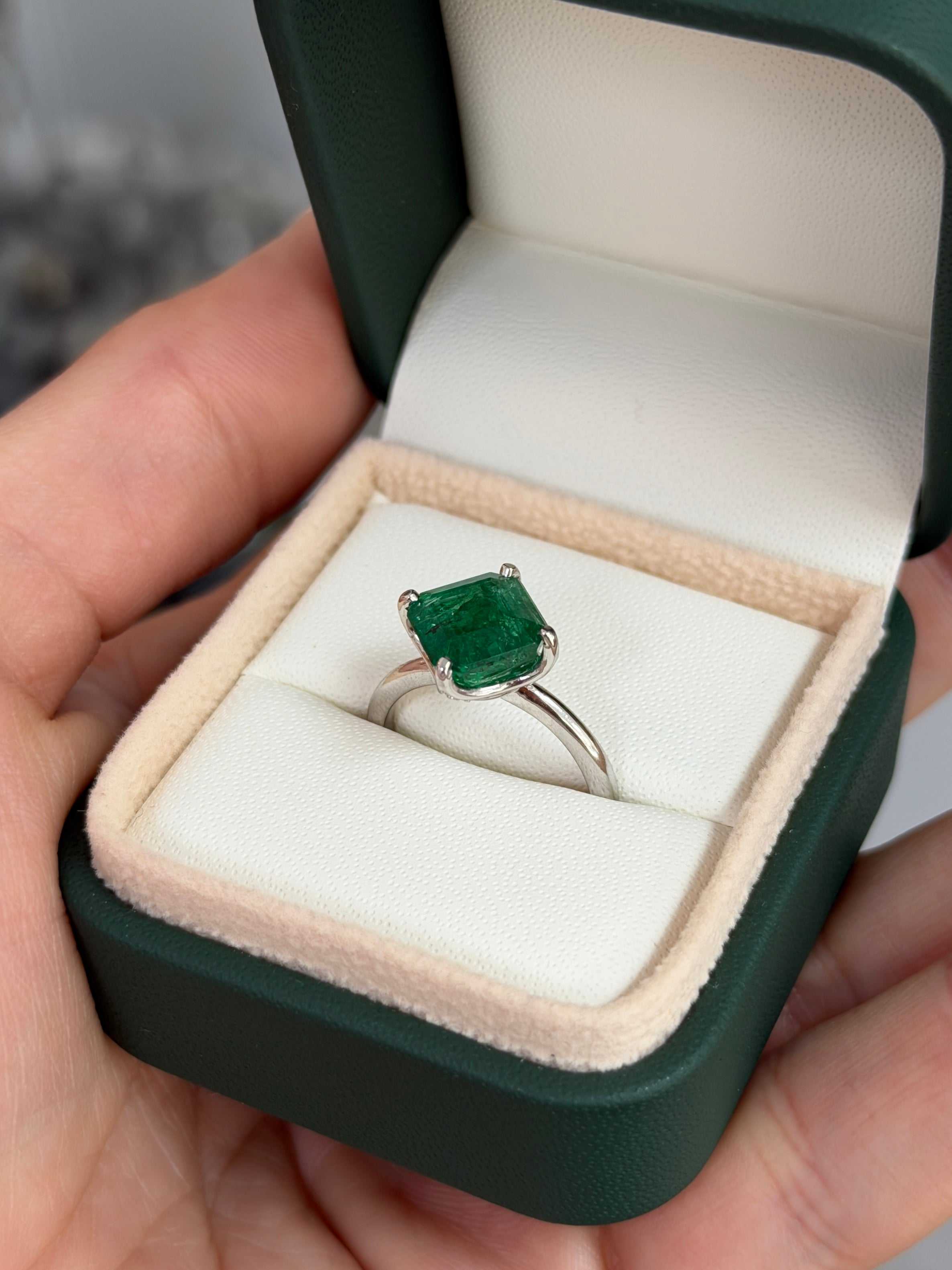 3.65tcw Freckled Asscher Cut Emerald Compass Set & Diamond Accent Prong Set Ring 14K White Gold