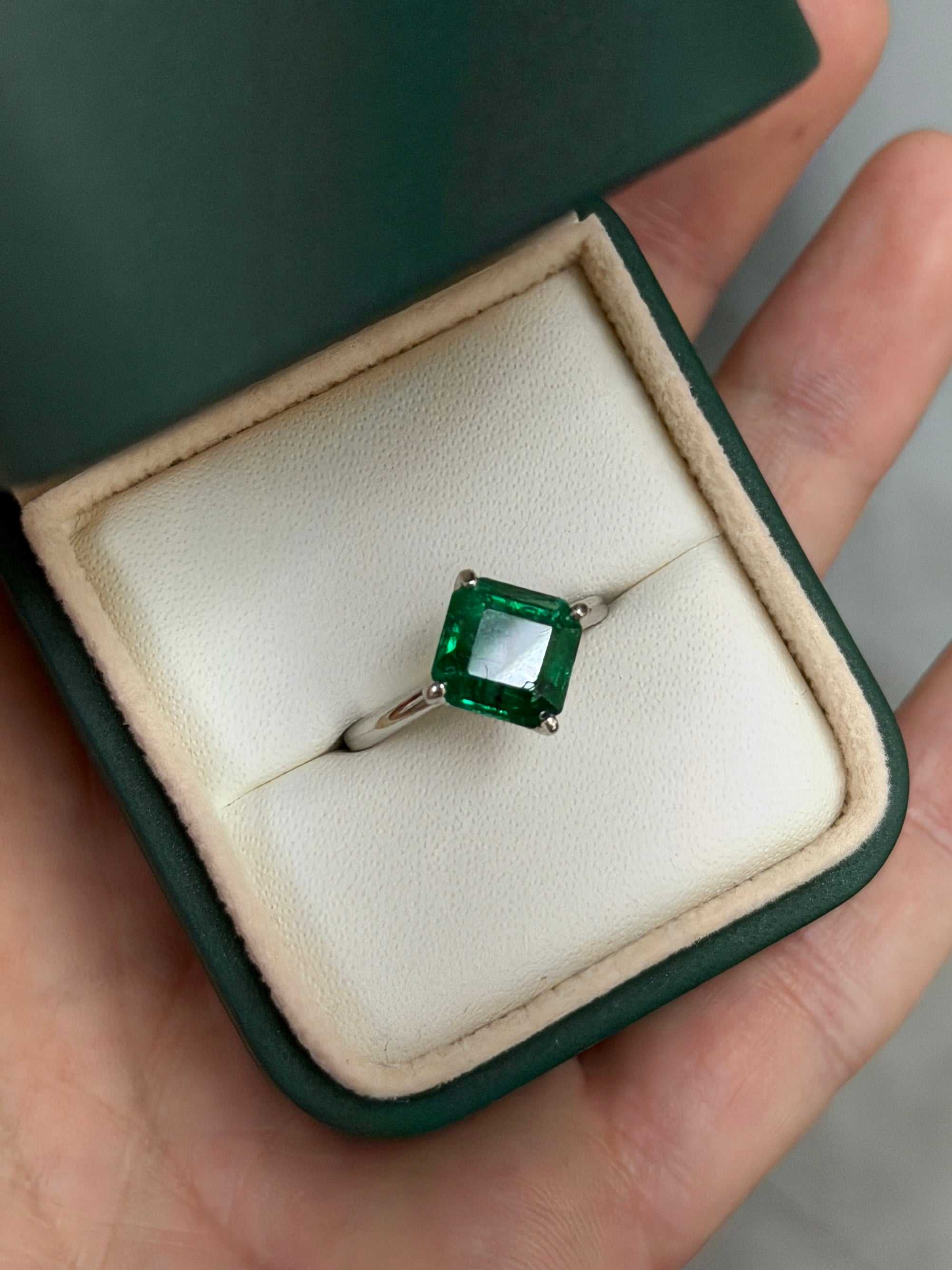 3.65tcw Freckled Asscher Cut Emerald Compass Set & Diamond Accent Prong Set Ring 14K White Gold