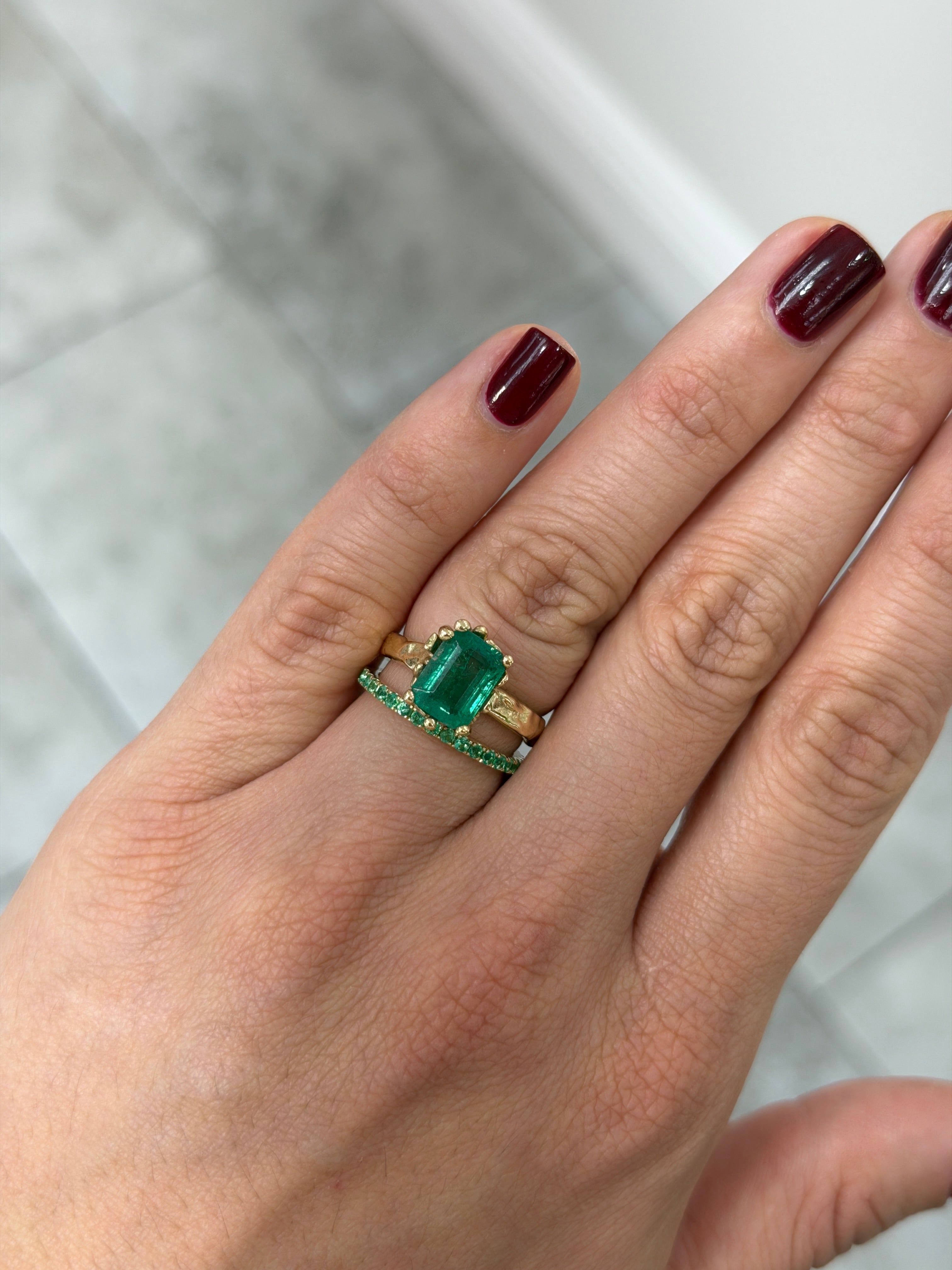14K natural emerald eternity band with 0.70tcw from JR Colombian Emeralds, available in 6, 7, and 8 sizes.