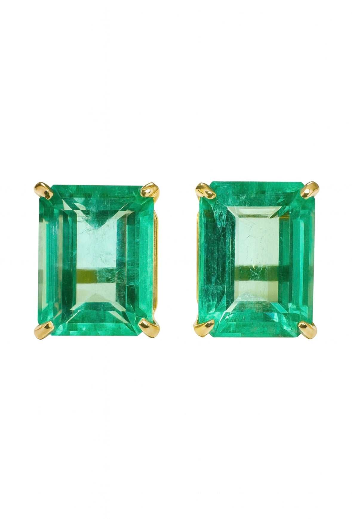 Light bluish green Colombian emerald stud earrings in 14K yellow gold four-prong setting, 2.86 carats total weight, emerald cut, transparent and natural