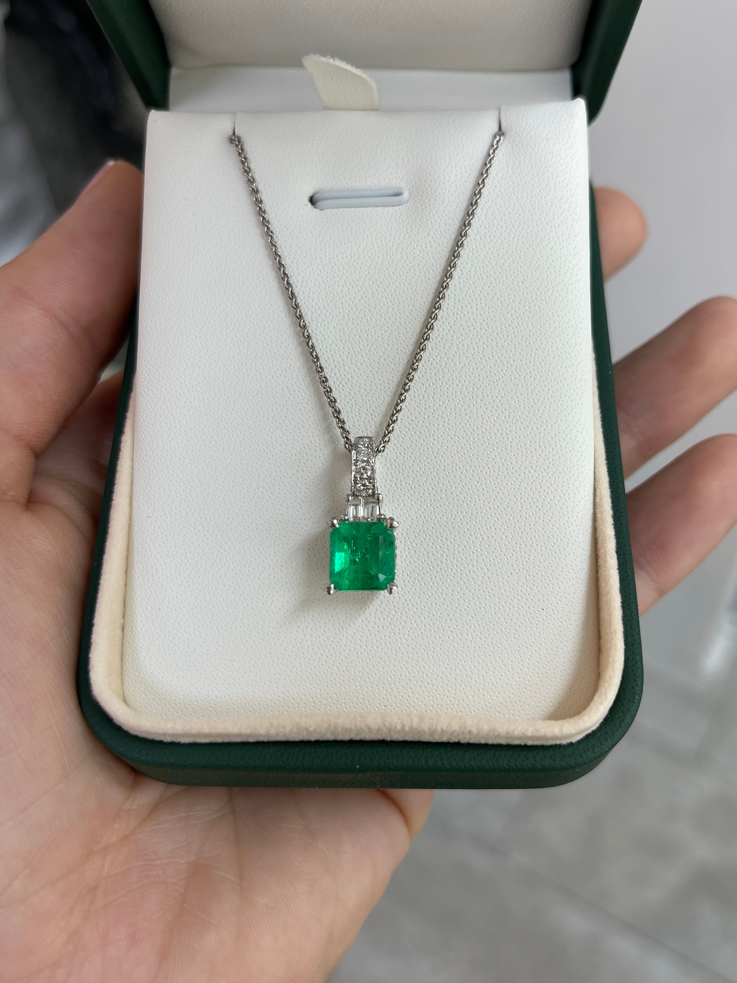 Asscher Cut Colombian Emerald and Diamond Pendant 18K White Gold Necklace - JR Colombian Emeralds