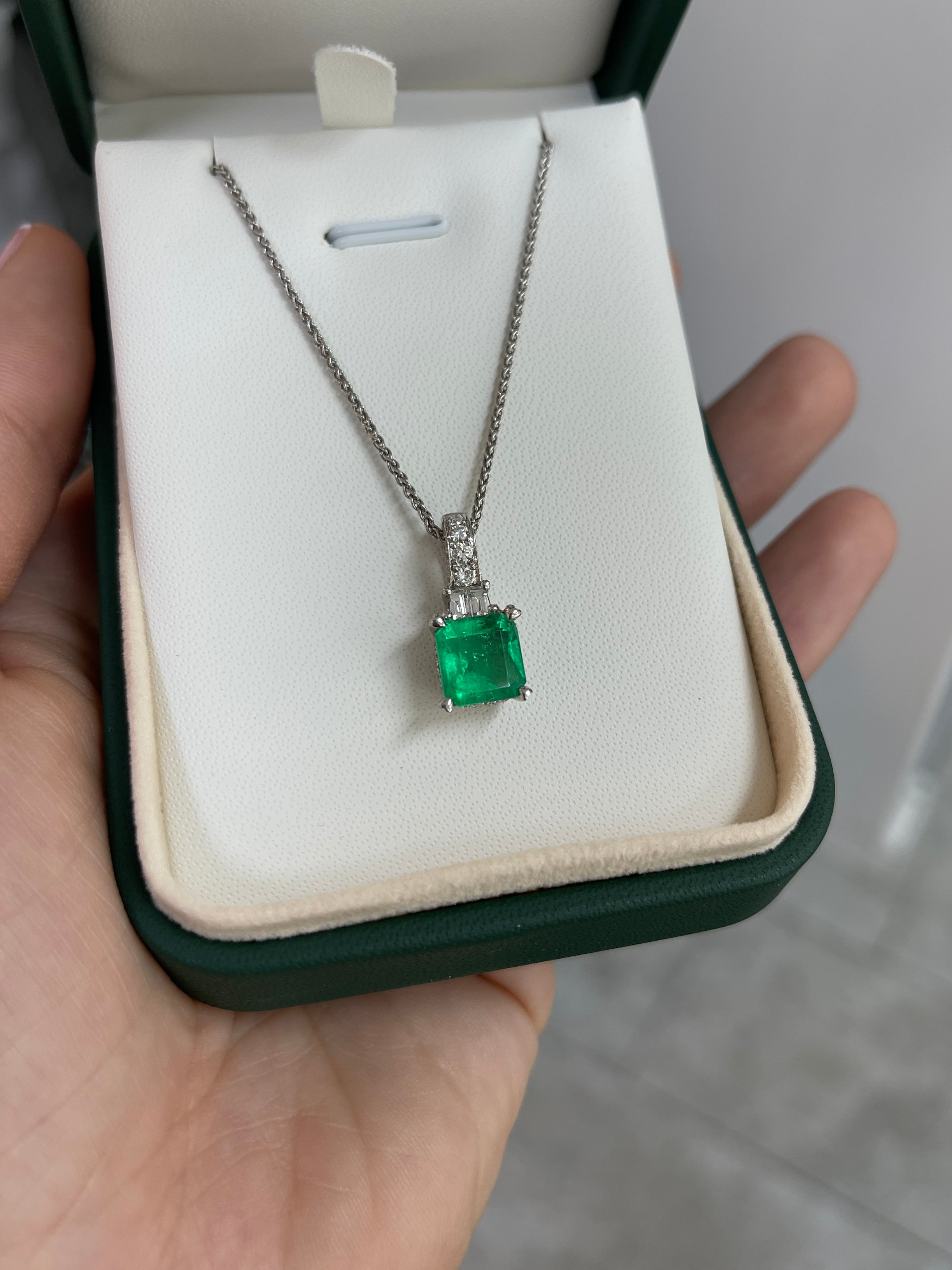 Asscher Cut Colombian Emerald and Diamond Pendant 18K White Gold Necklace - JR Colombian Emeralds