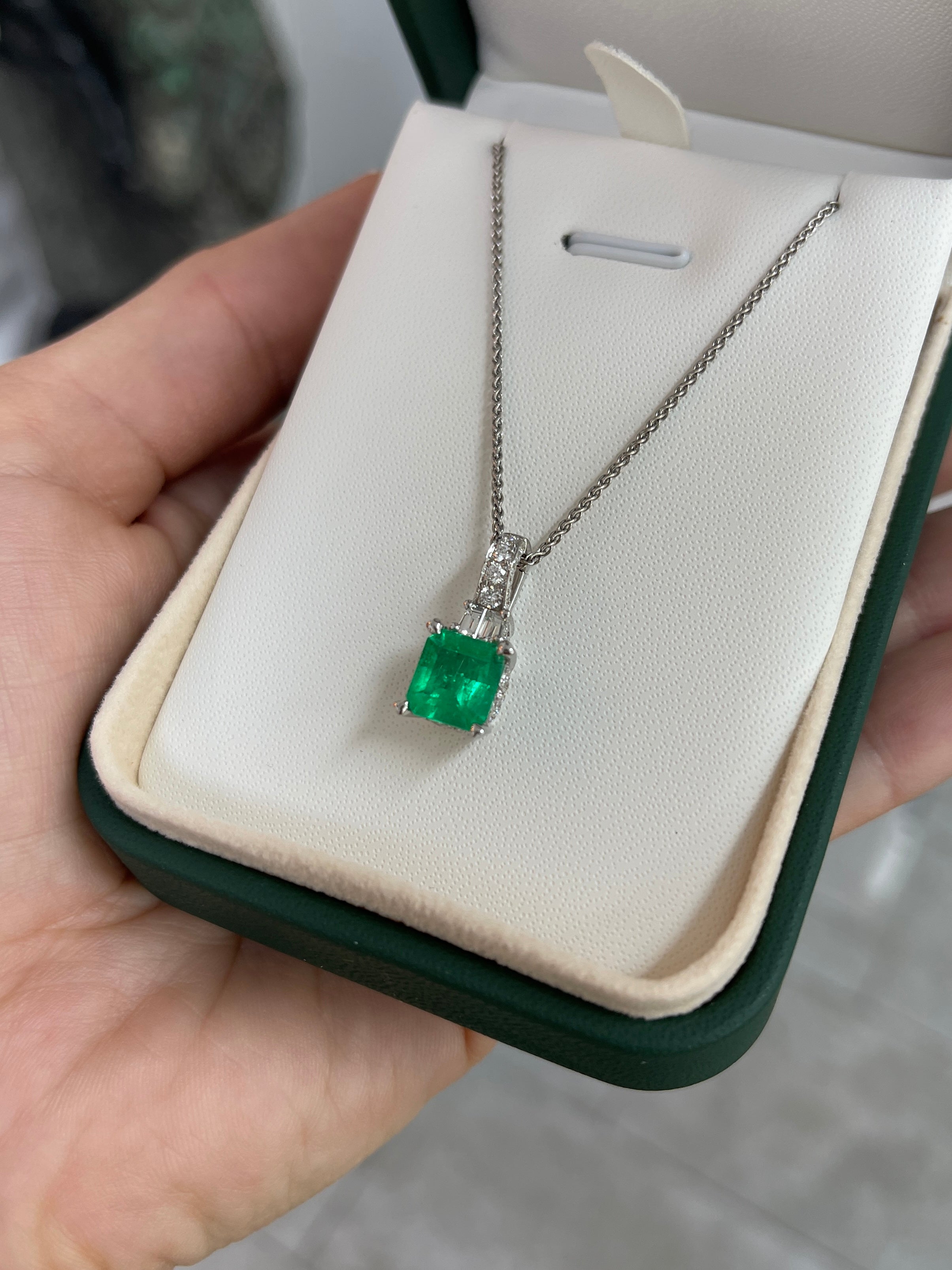 Asscher Cut Colombian Emerald and Diamond Pendant 18K White Gold Necklace - JR Colombian Emeralds
