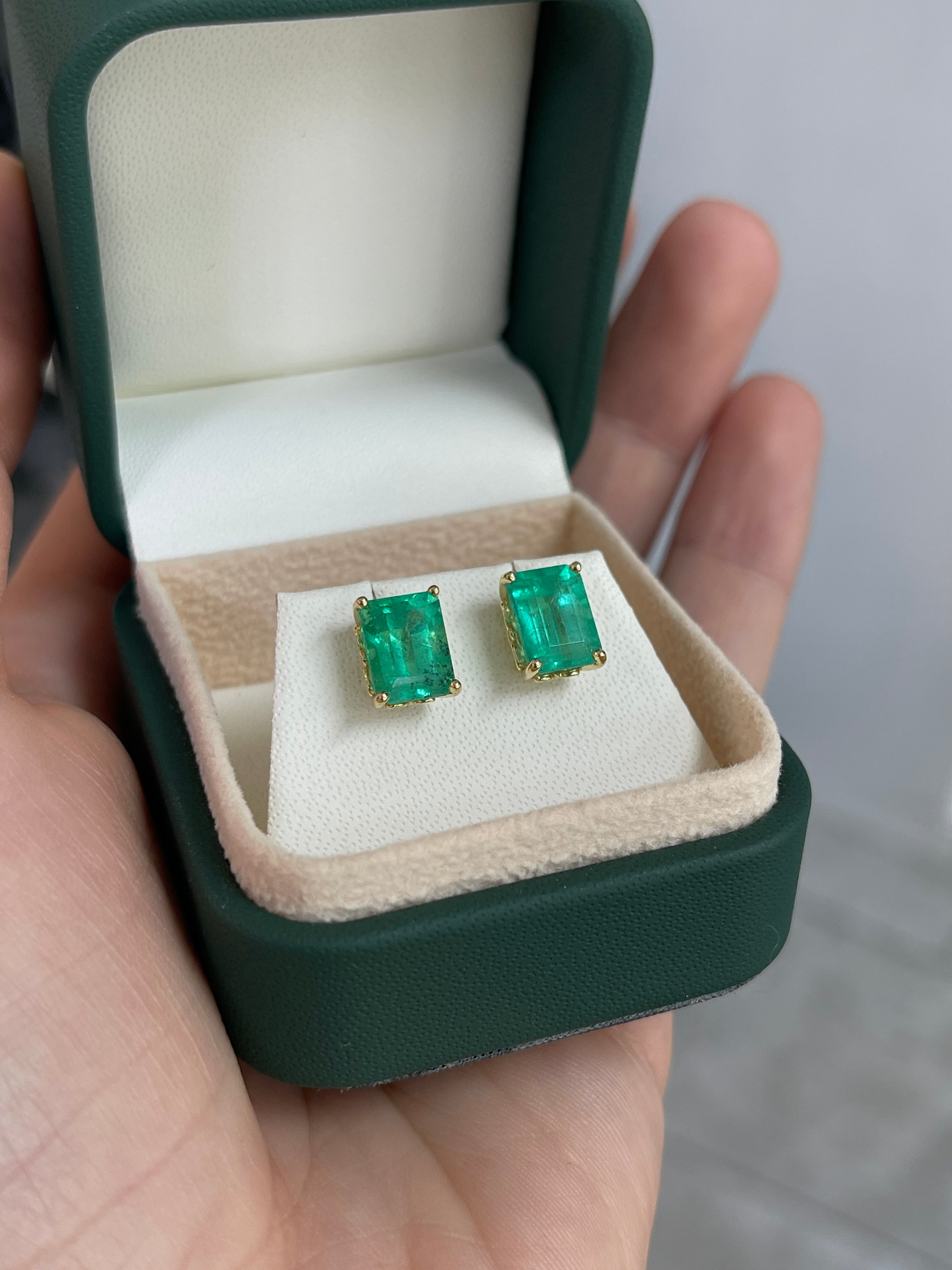 4.69tcw Fleur De Lis Emerald Cut Colombian Emerald Stud Earrings 18K - JR Colombian Emeralds
