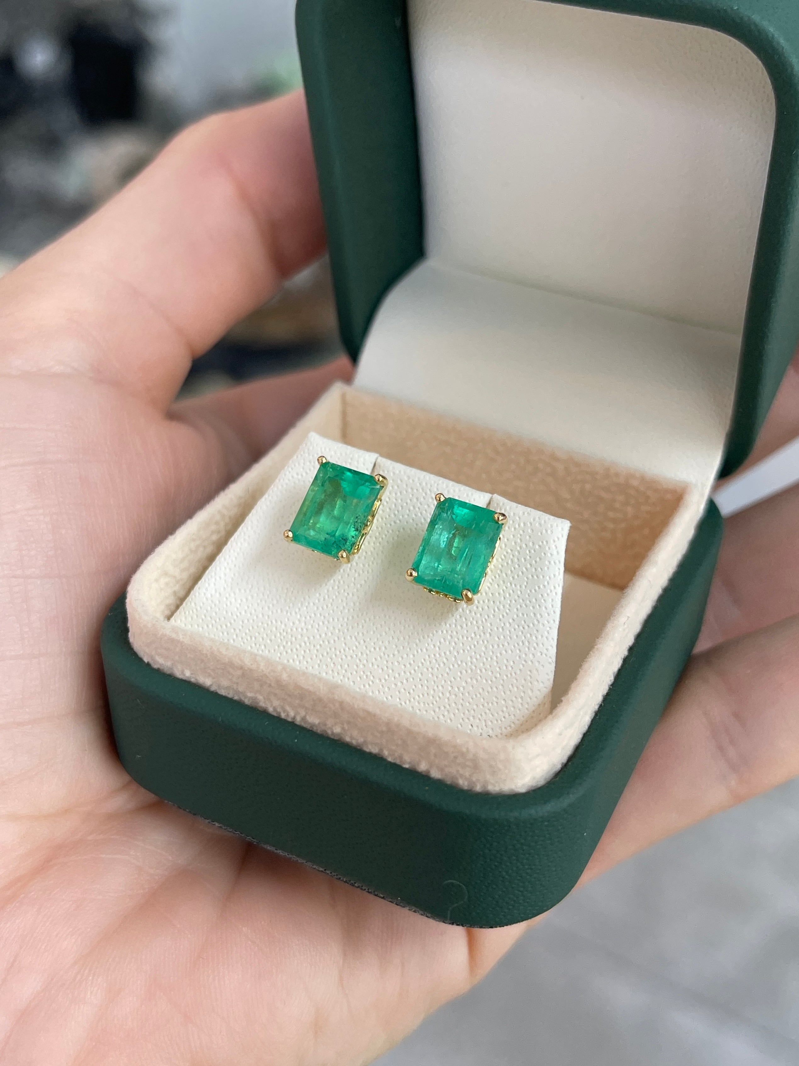 4.69tcw Fleur De Lis Emerald Cut Colombian Emerald Stud Earrings 18K - JR Colombian Emeralds