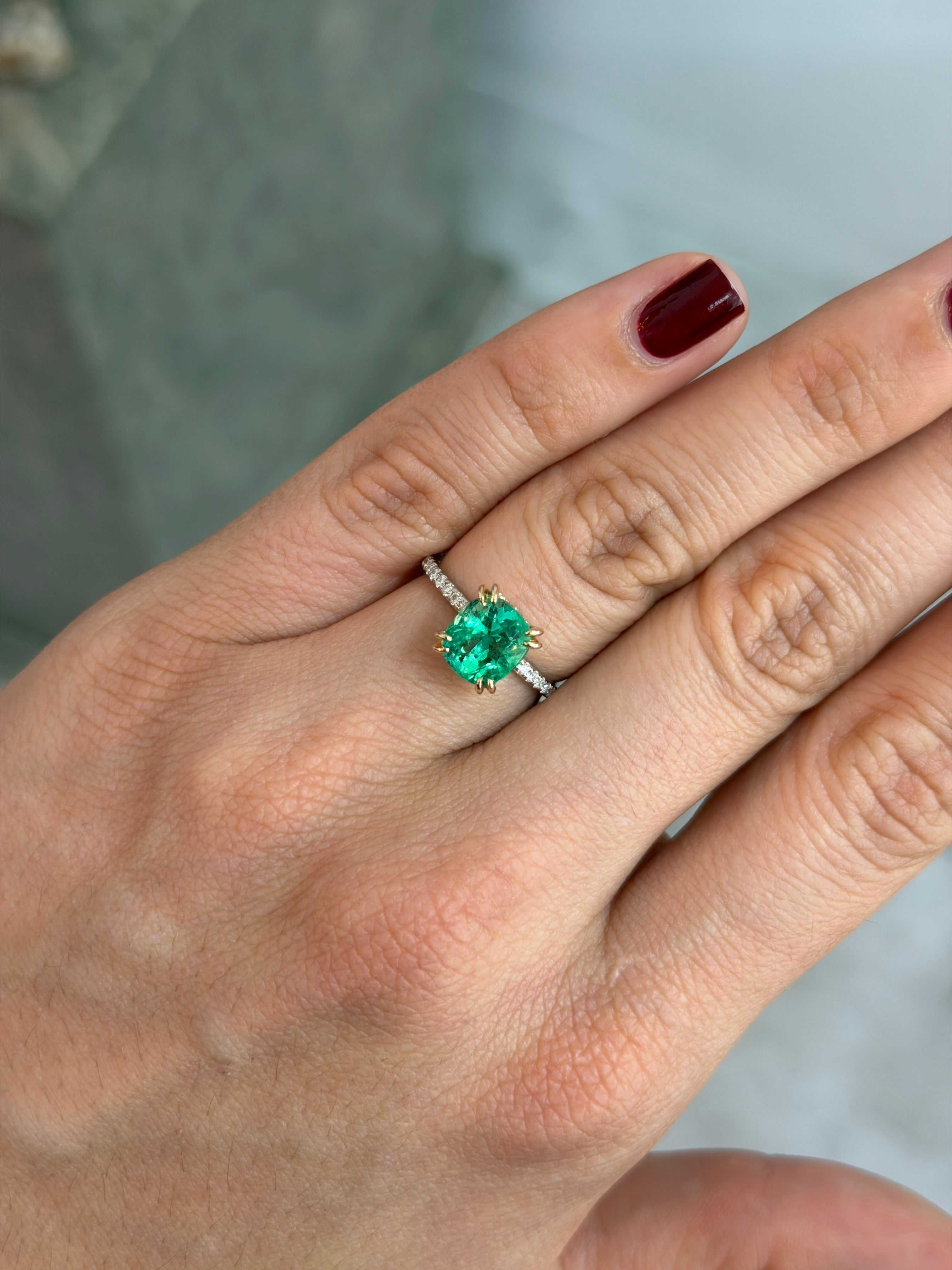 14K gold engagement ring with a 2.58 carat cushion-cut natural emerald and diamond accents, designed by JR Colombian Emeralds.