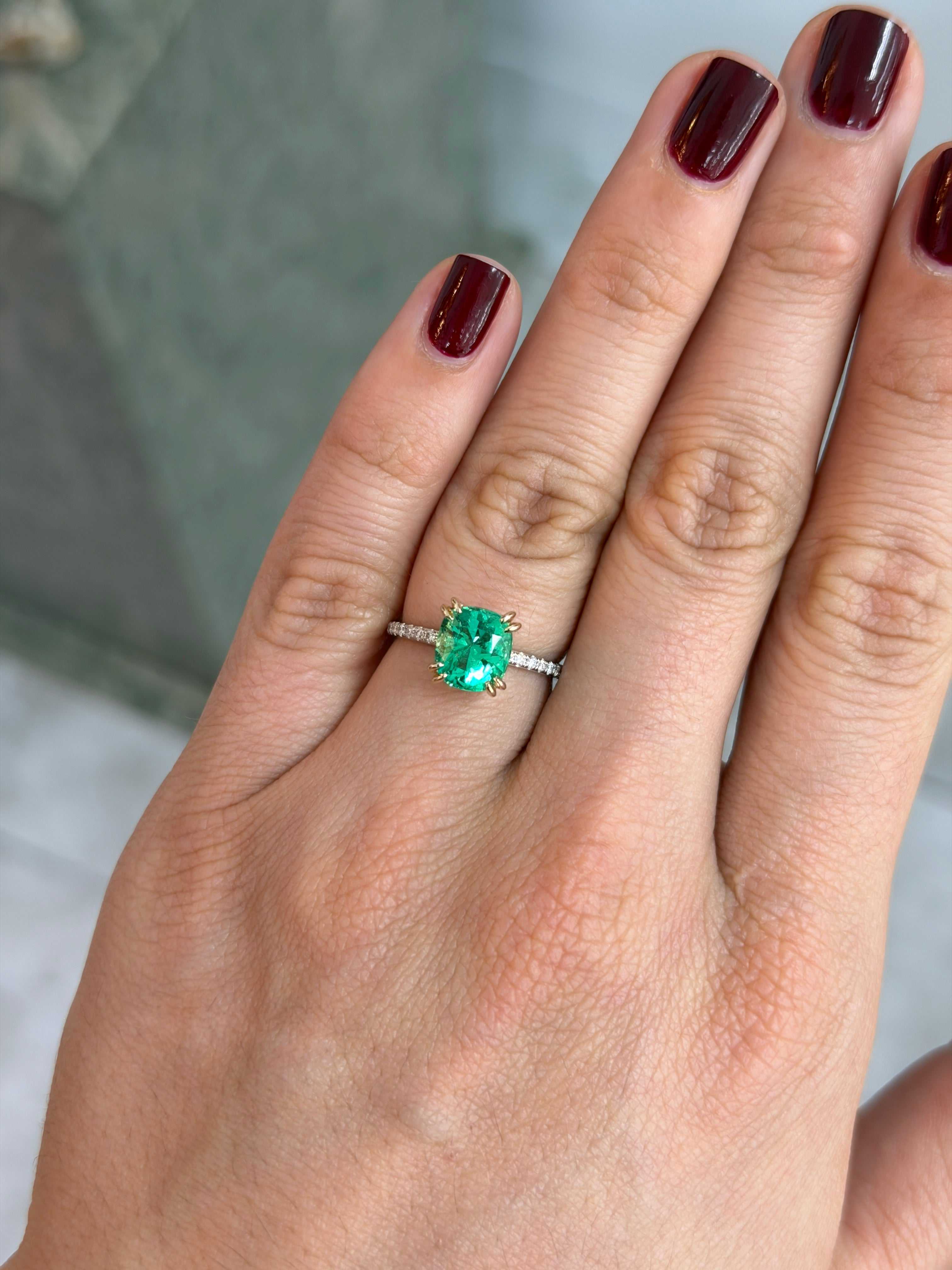 14K engagement ring featuring a 2.58tcw cushion-cut natural emerald with diamond accents, by JR Colombian Emeralds.