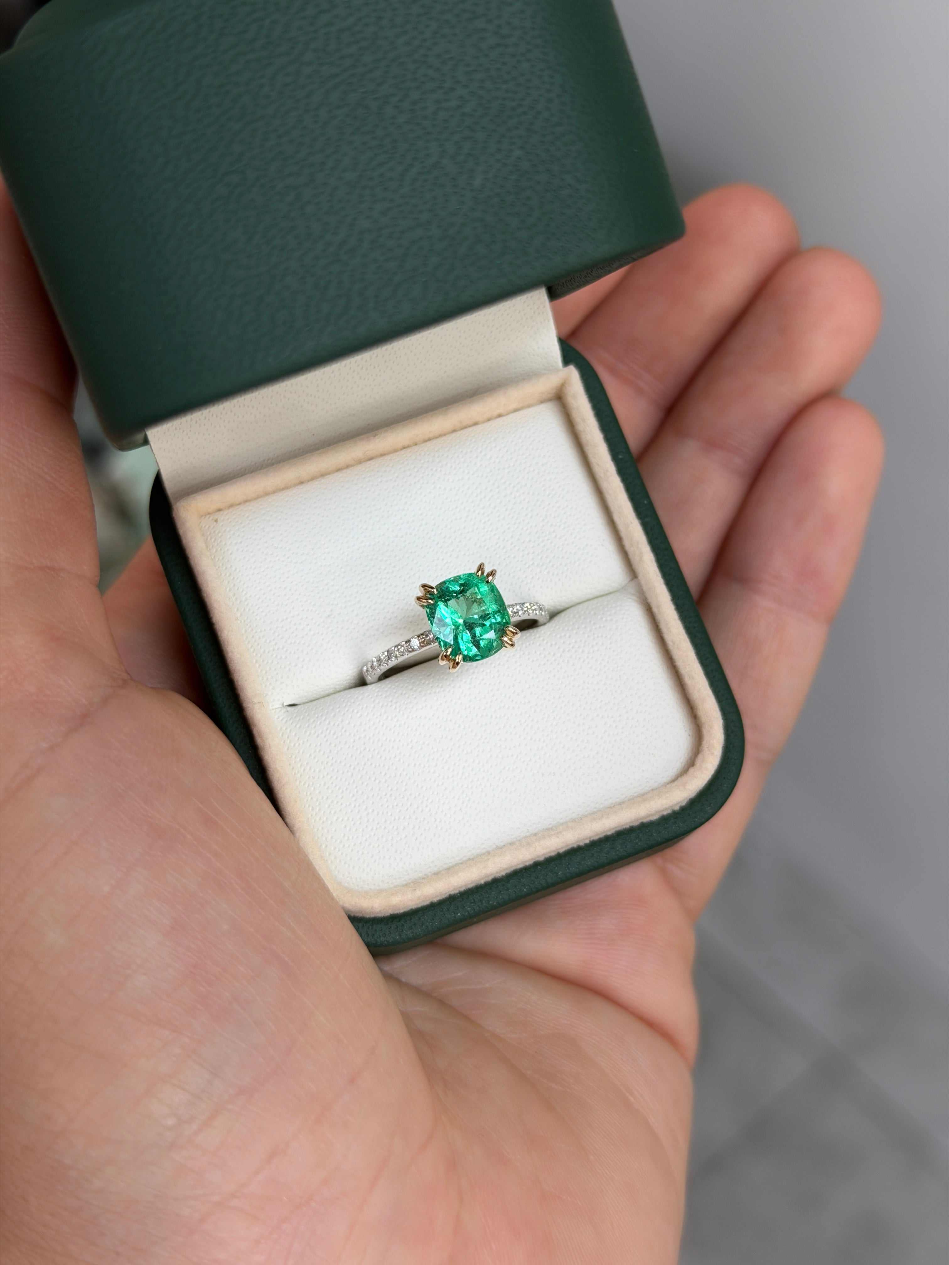 14K engagement ring with a 2.58tcw cushion-cut natural emerald and diamond accents, by JR Colombian Emeralds.