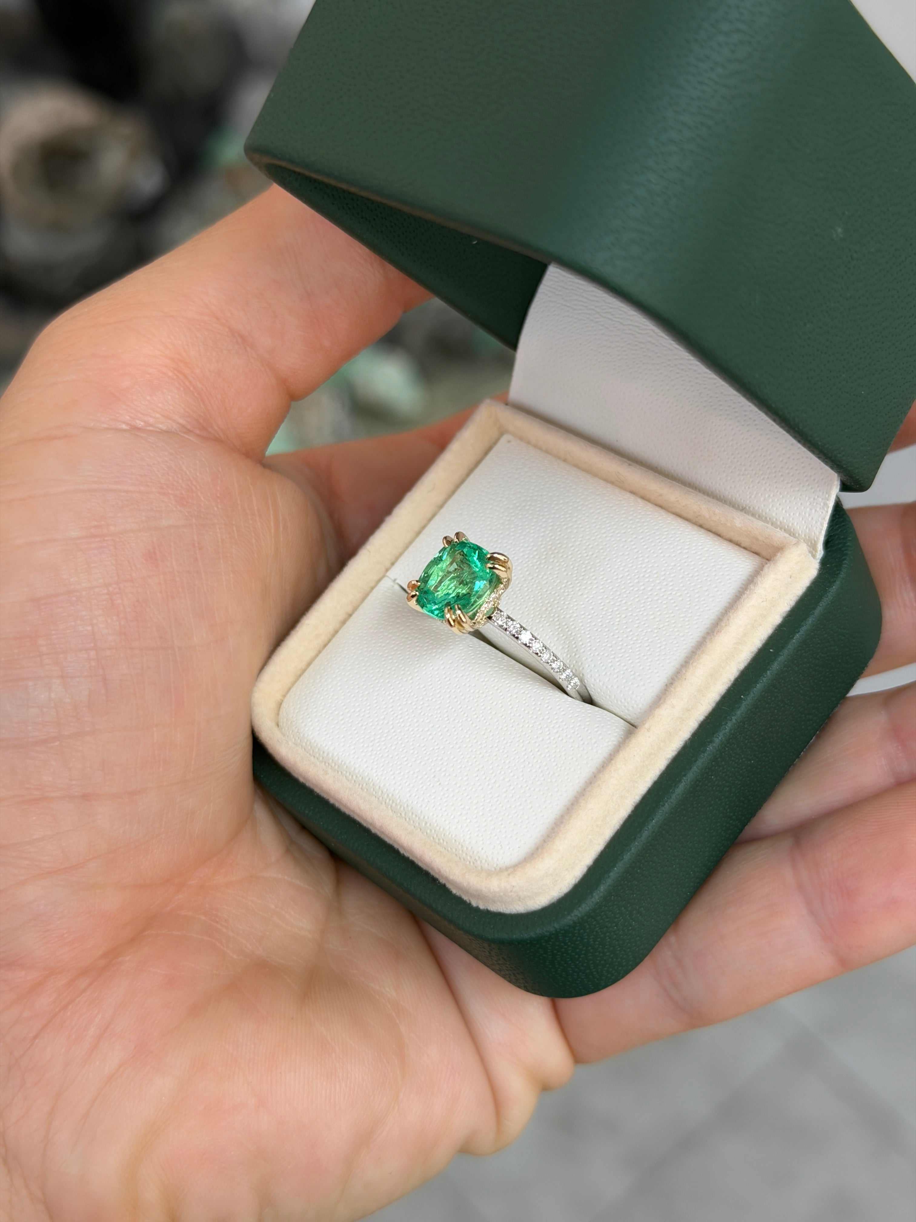 14K engagement ring featuring a 2.58tcw cushion-cut natural emerald with diamond accents, crafted by JR Colombian Emeralds.