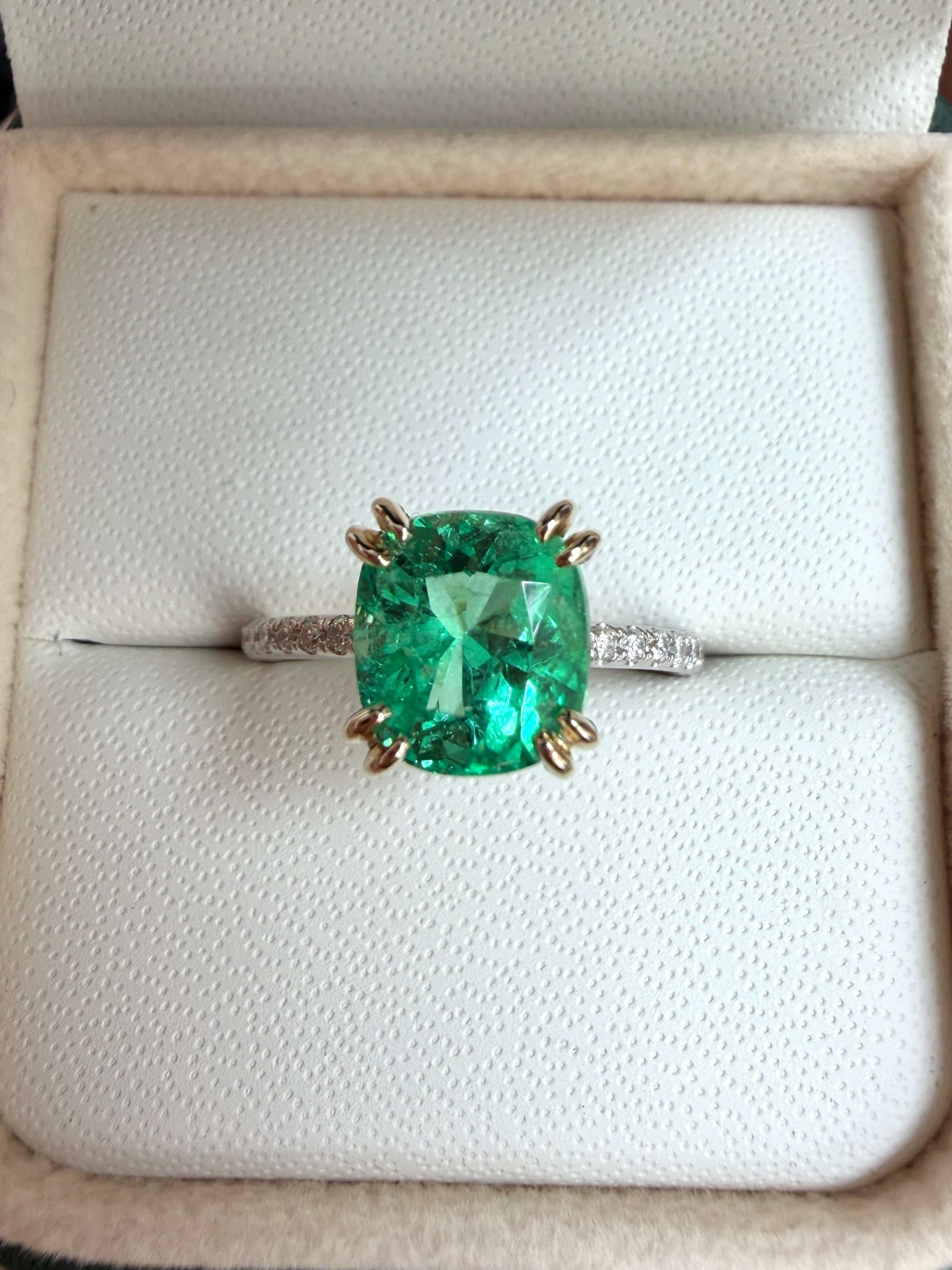 14K engagement ring with 2.58tcw cushion cut natural emerald and diamond accents, elegant jewelry by JR Colombian Emeralds.