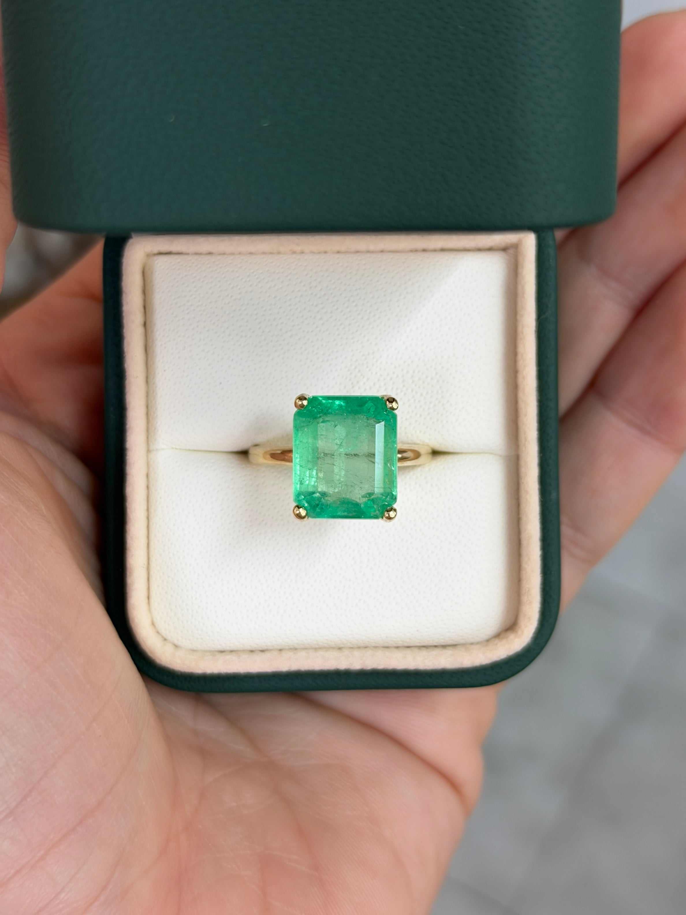 6.85 Carat Luminous Yellowish Green Colombian Emerald Solitaire Engagement Ring 14K - JR Colombian Emeralds