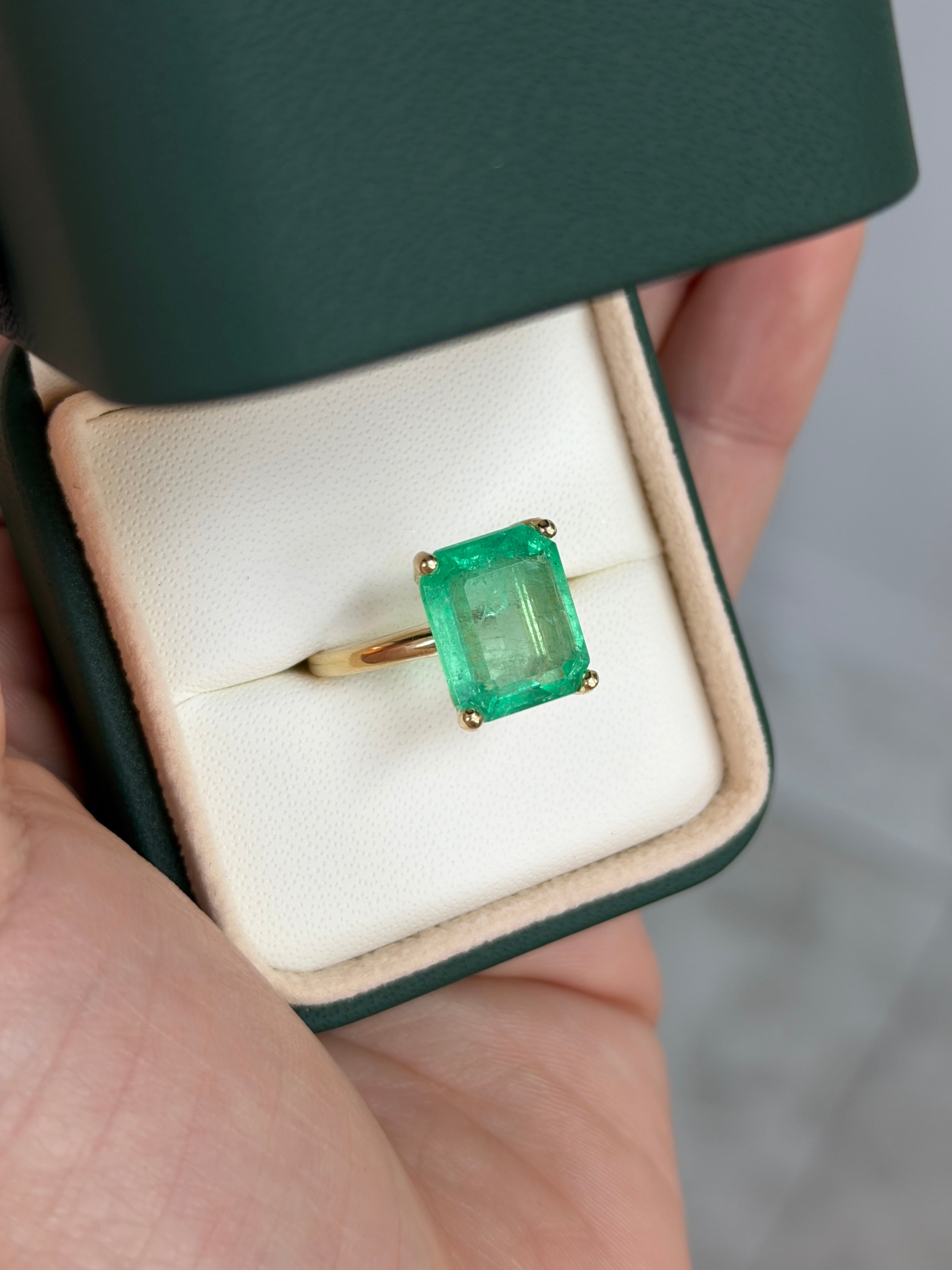 6.85 Carat Luminous Yellowish Green Colombian Emerald Solitaire Engagement Ring 14K