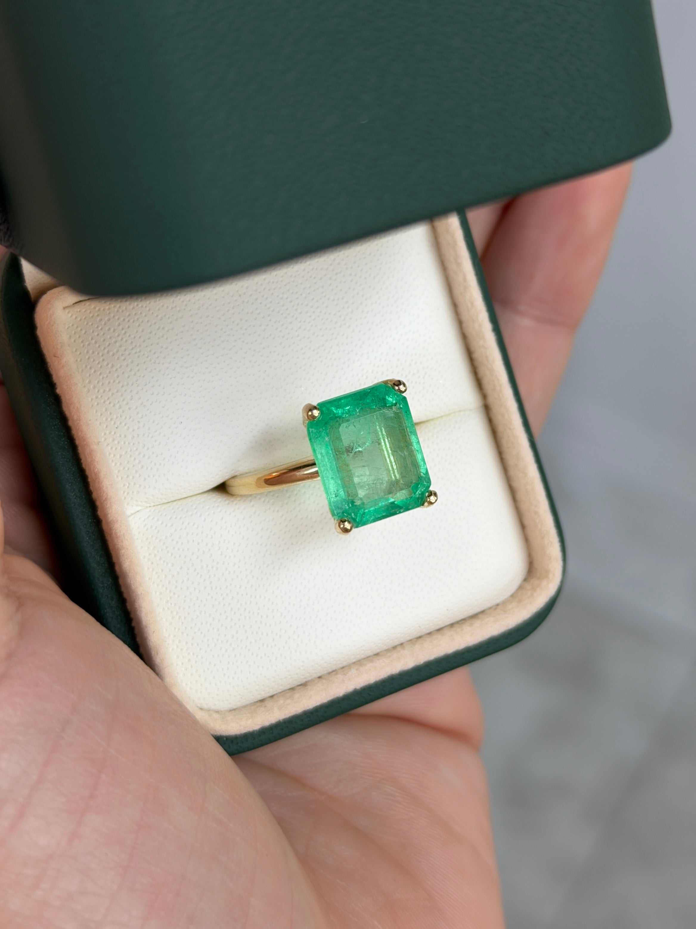 6.85 Carat Luminous Yellowish Green Colombian Emerald Solitaire Engagement Ring 14K - JR Colombian Emeralds