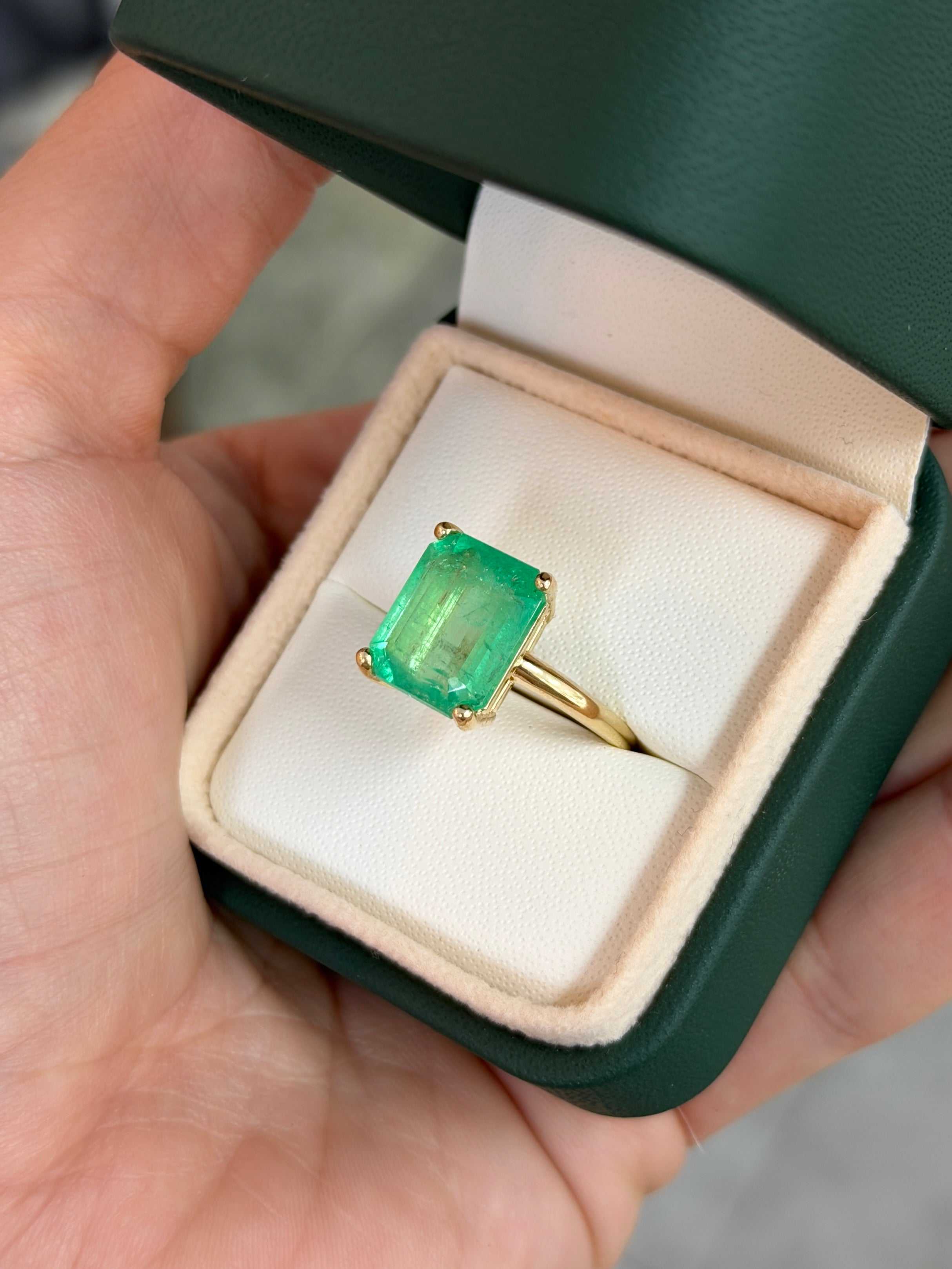 6.85 Carat Luminous Yellowish Green Colombian Emerald Solitaire Engagement Ring 14K - JR Colombian Emeralds