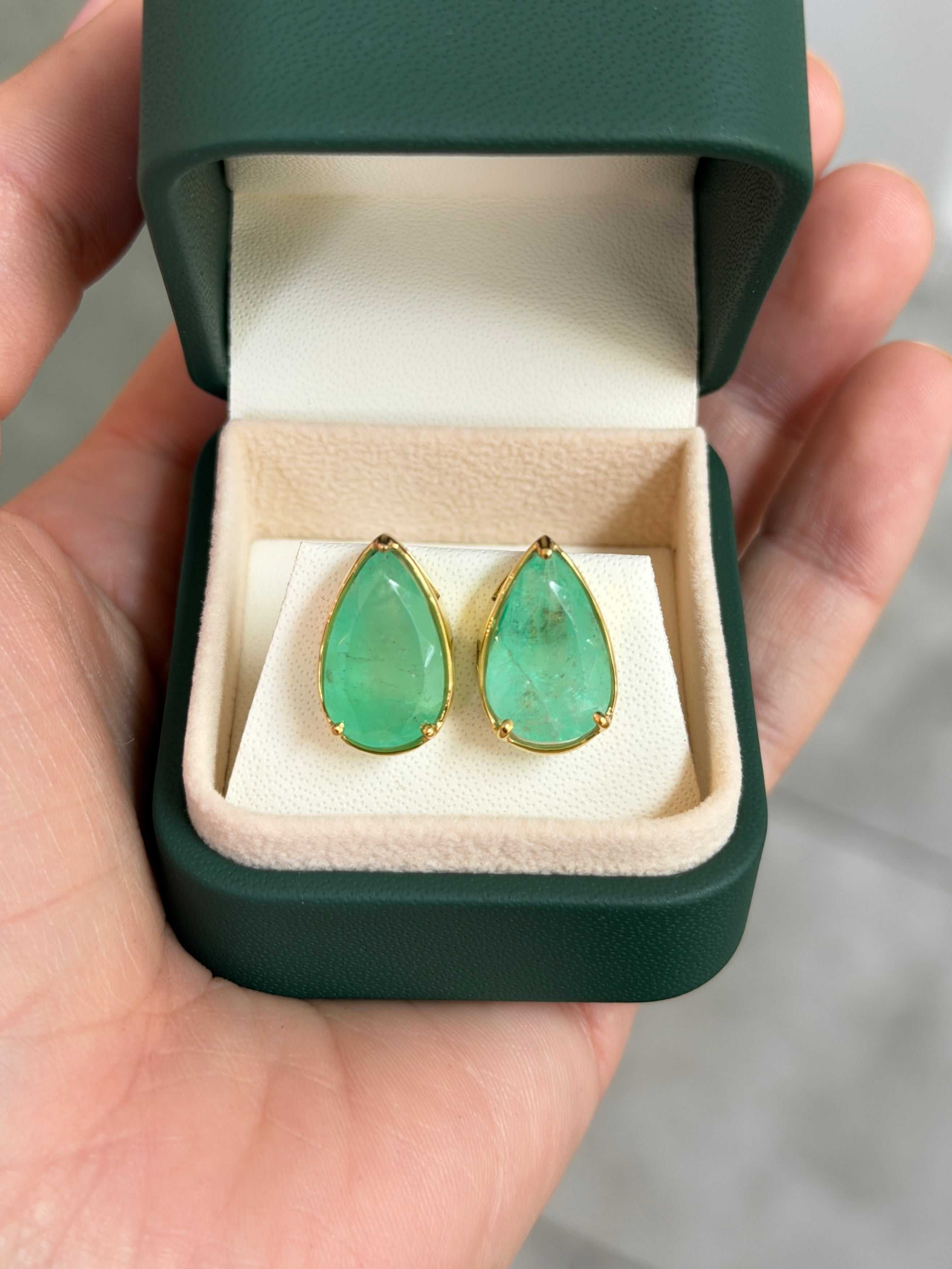 11.51tcw XL Earthy Colombian Emerald Three Prong Studs 14K