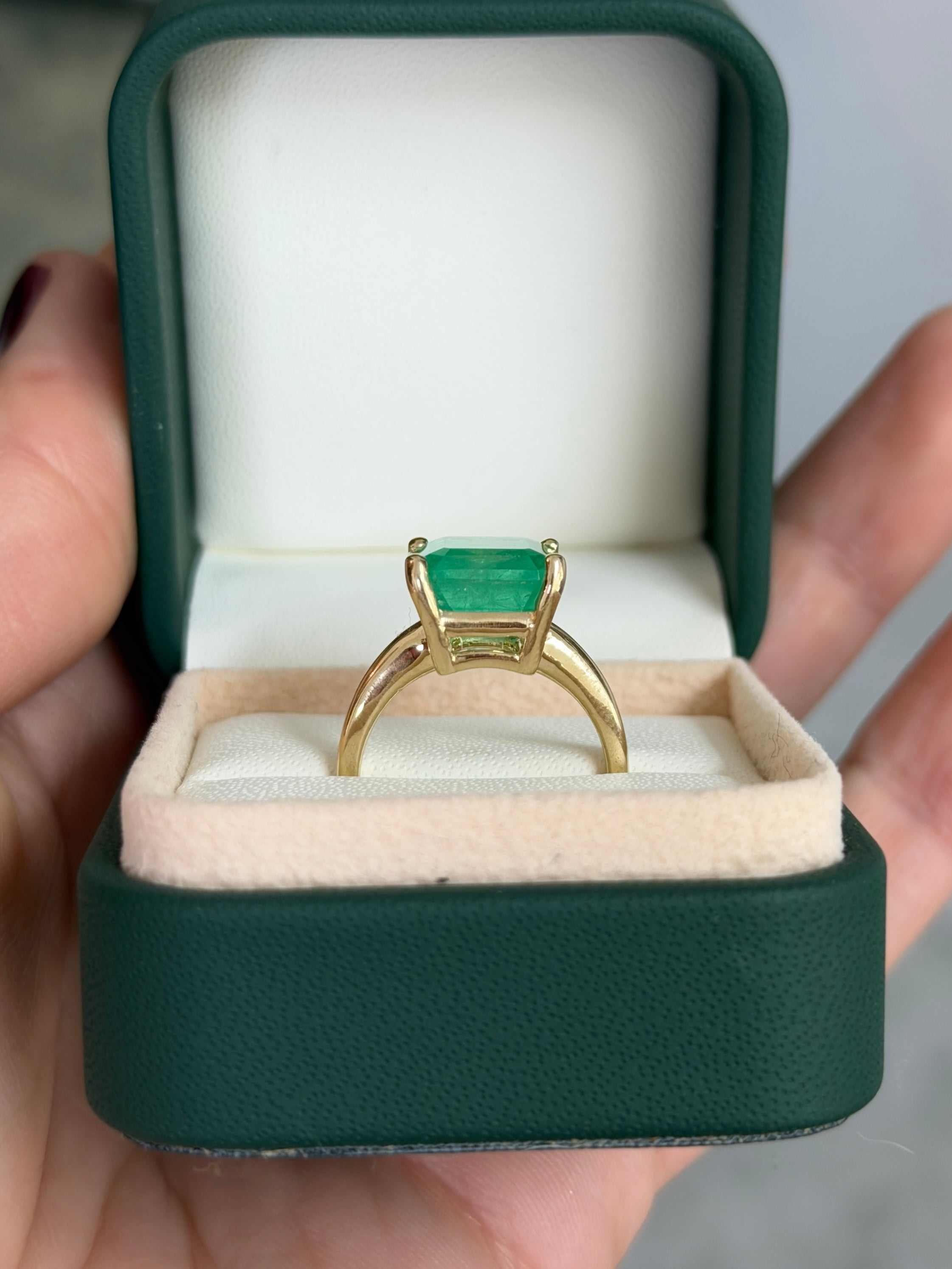 6.85 Carat Luminous Yellowish Green Colombian Emerald Solitaire Engagement Ring 14K - JR Colombian Emeralds