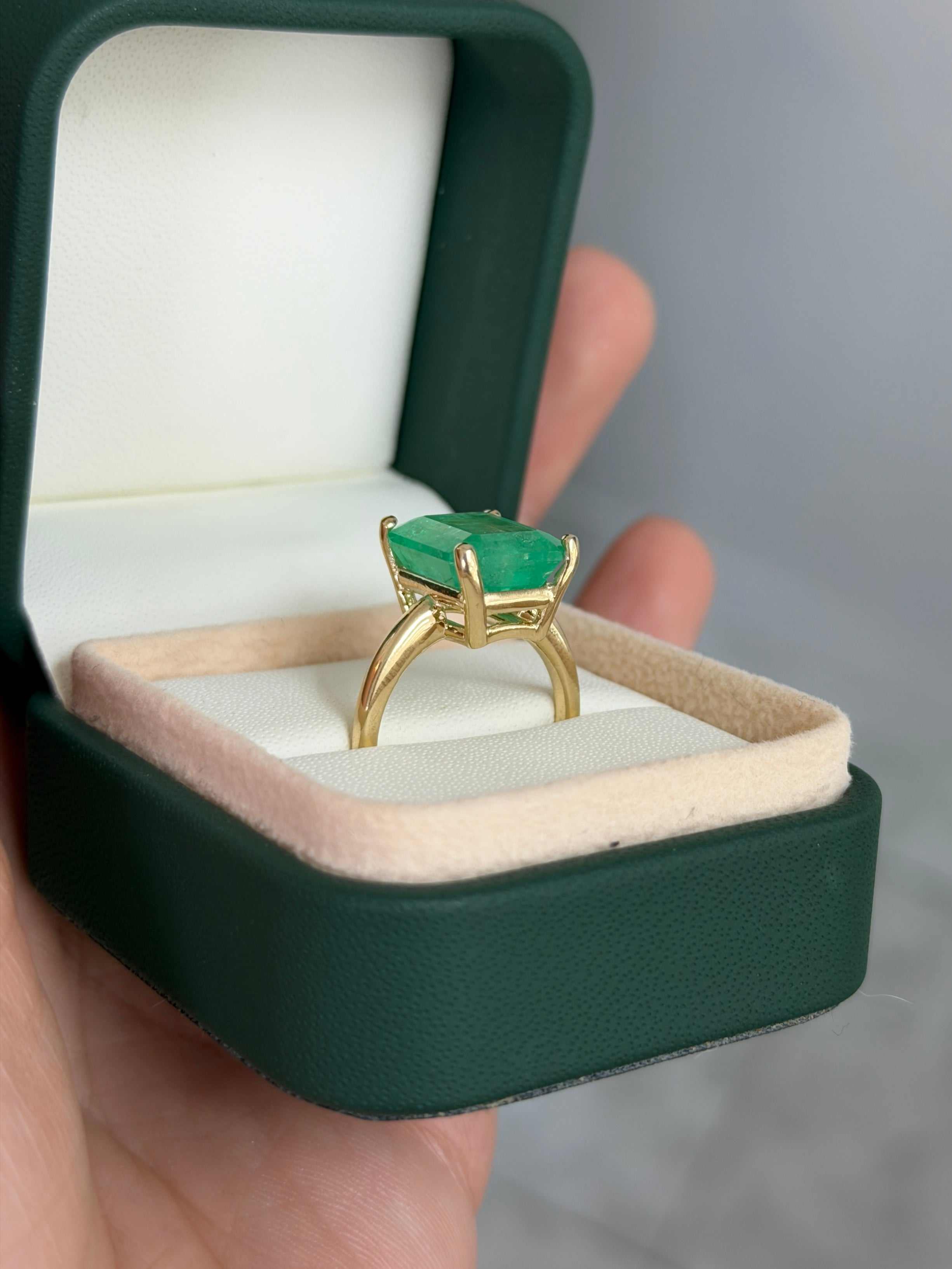 6.85 Carat Luminous Yellowish Green Colombian Emerald Solitaire Engagement Ring 14K - JR Colombian Emeralds