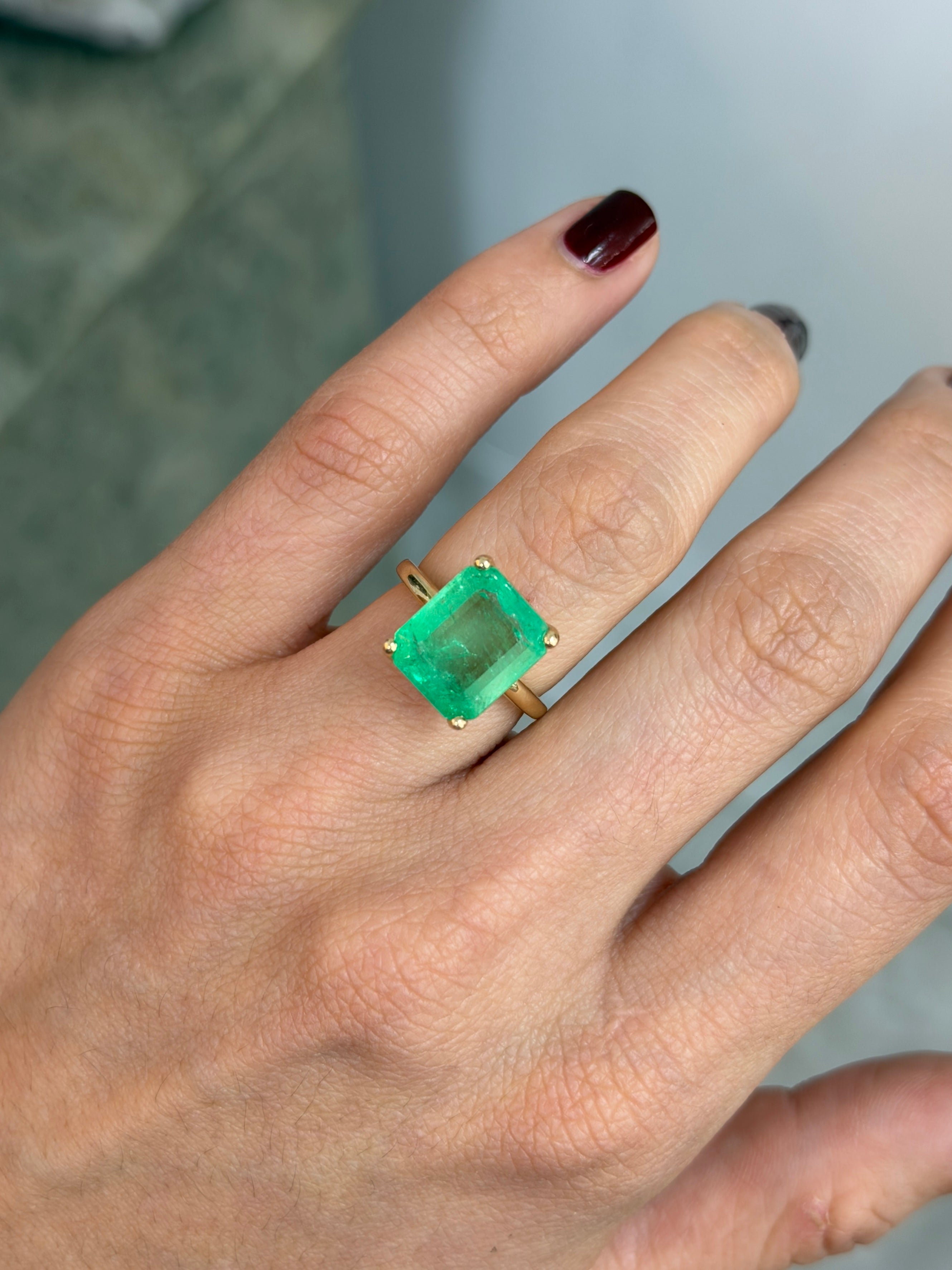 6.85 Carat Luminous Yellowish Green Colombian Emerald Solitaire Engagement Ring 14K
