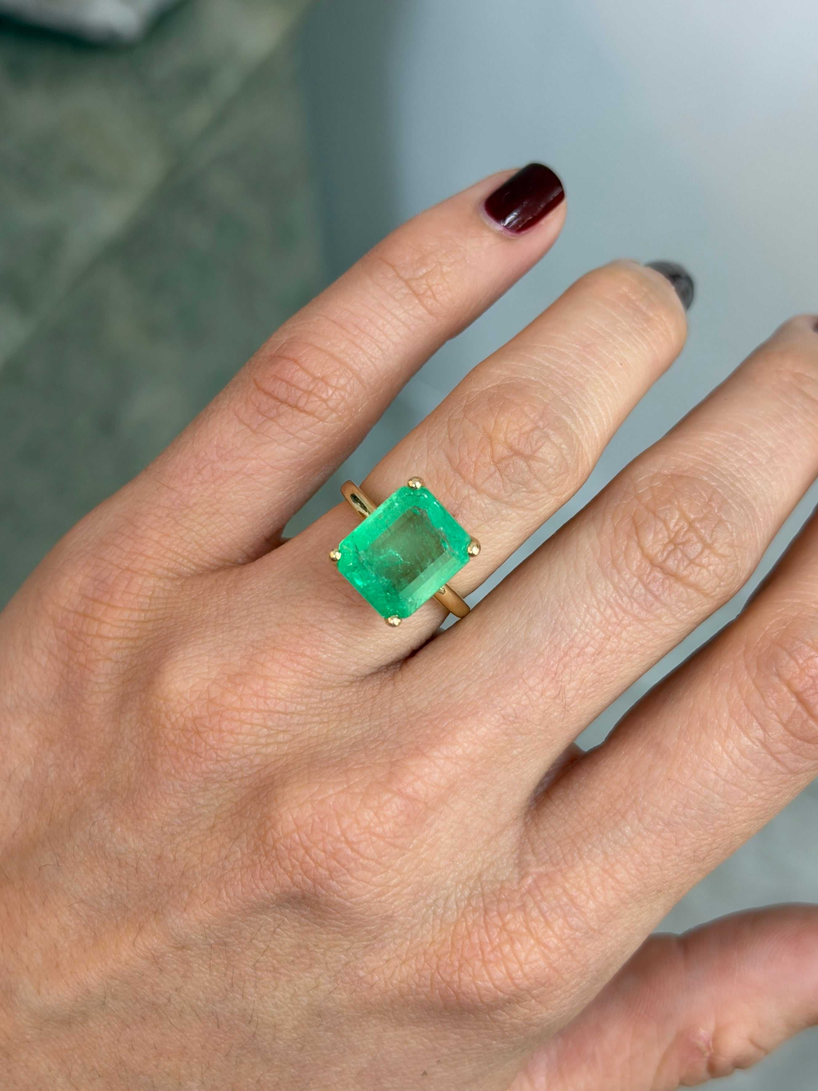 6.85 Carat Luminous Yellowish Green Colombian Emerald Solitaire Engagement Ring 14K - JR Colombian Emeralds