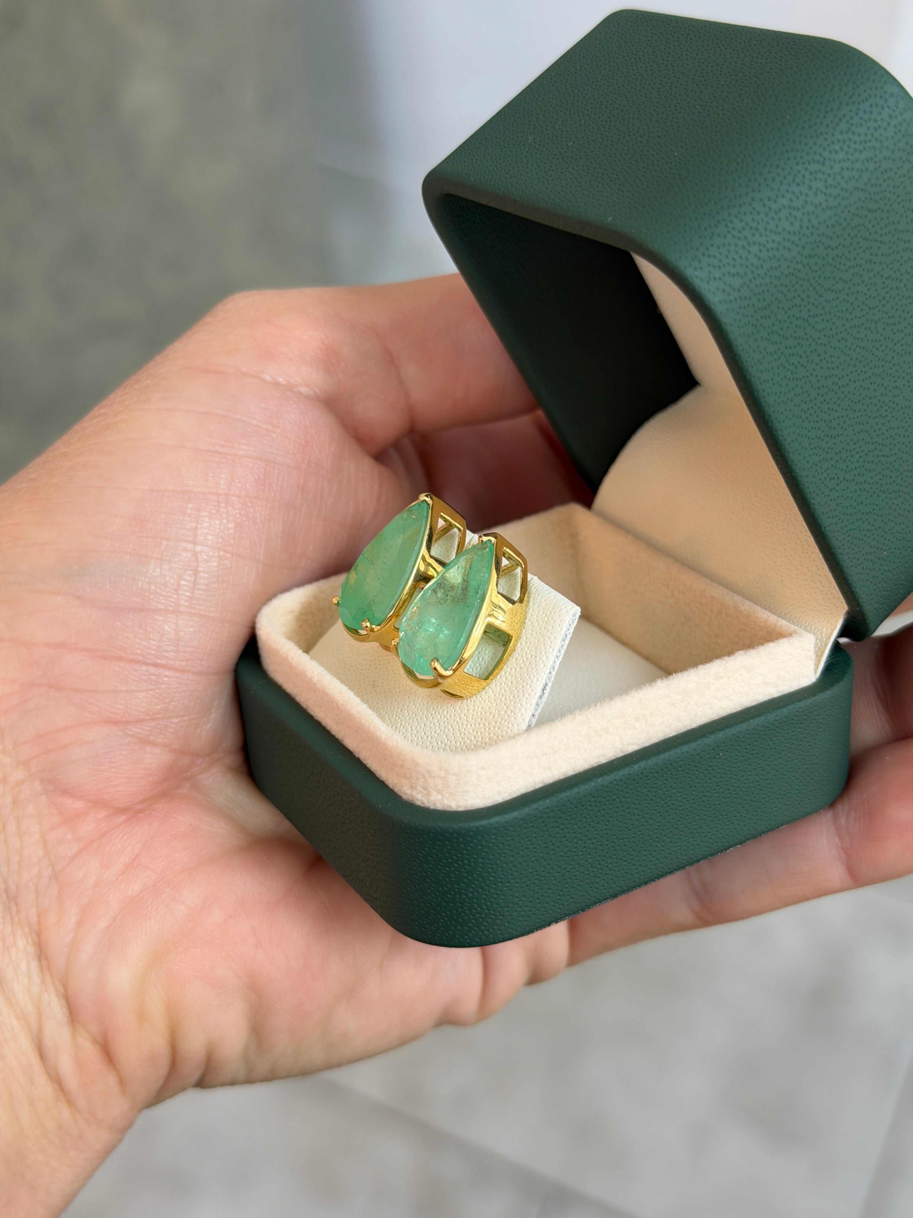 11.51tcw XL Earthy Colombian Emerald Three Prong Studs 14K