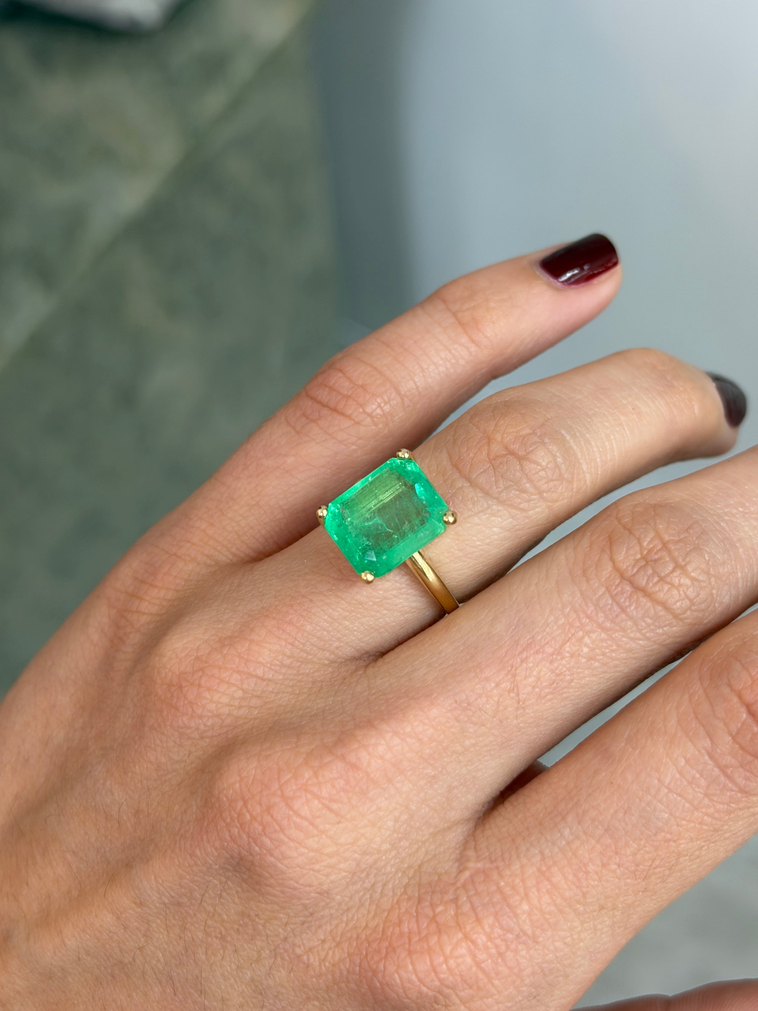 6.85 Carat Luminous Yellowish Green Colombian Emerald Solitaire Engagement Ring 14K