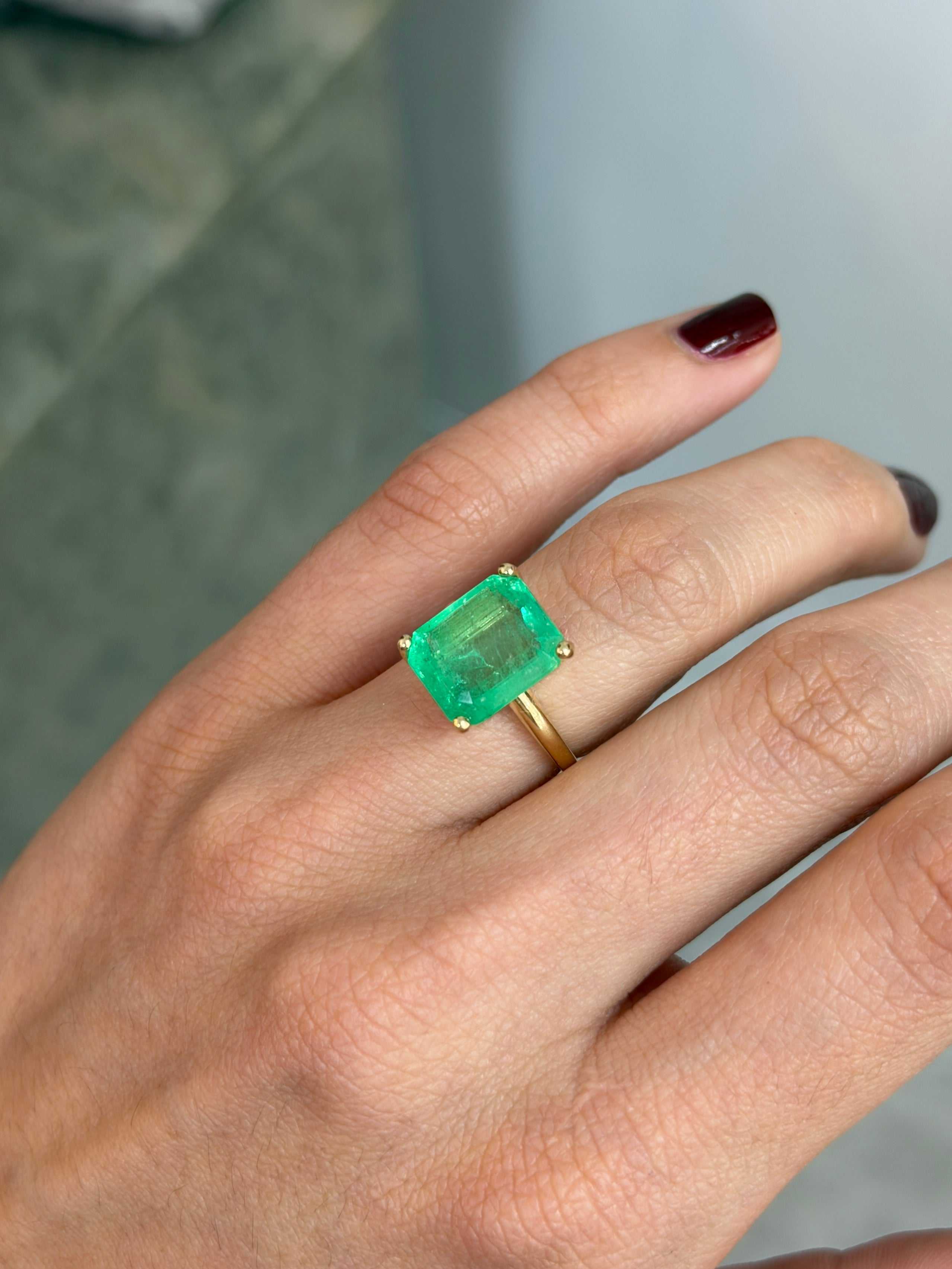 6.85 Carat Luminous Yellowish Green Colombian Emerald Solitaire Engagement Ring 14K - JR Colombian Emeralds