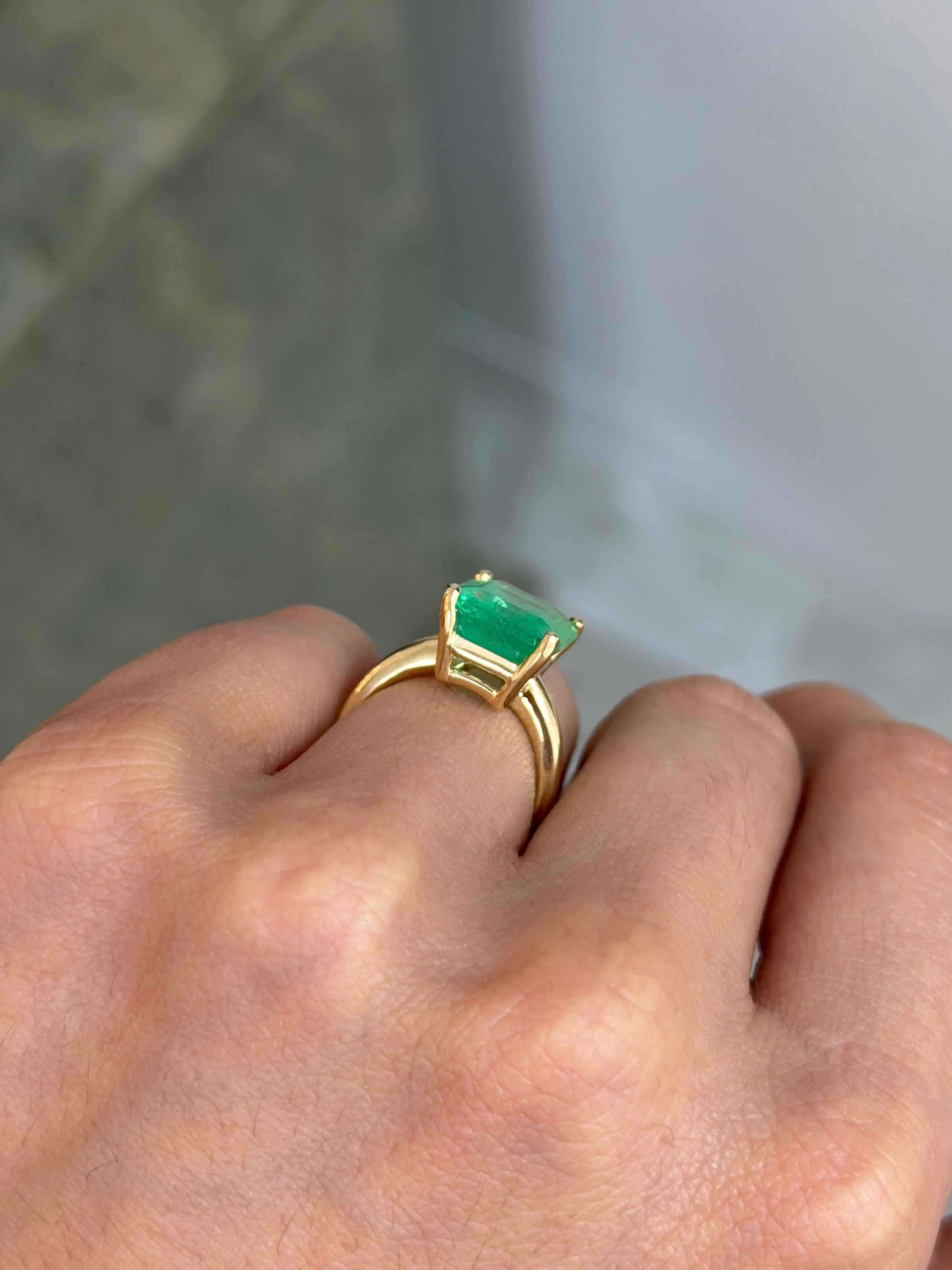 6.85 Carat Luminous Yellowish Green Colombian Emerald Solitaire Engagement Ring 14K - JR Colombian Emeralds