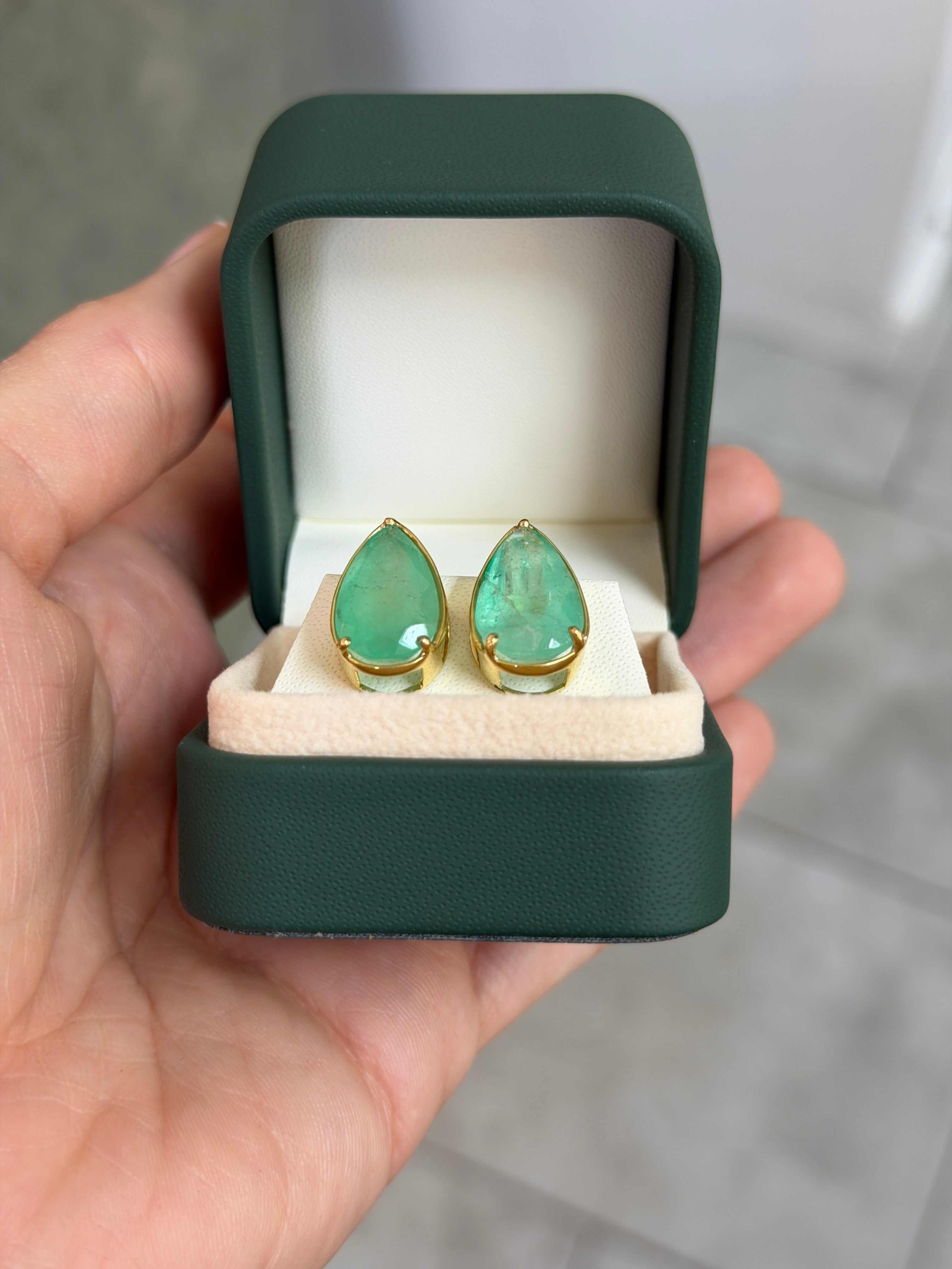 11.51tcw XL Earthy Colombian Emerald Three Prong Studs 14K