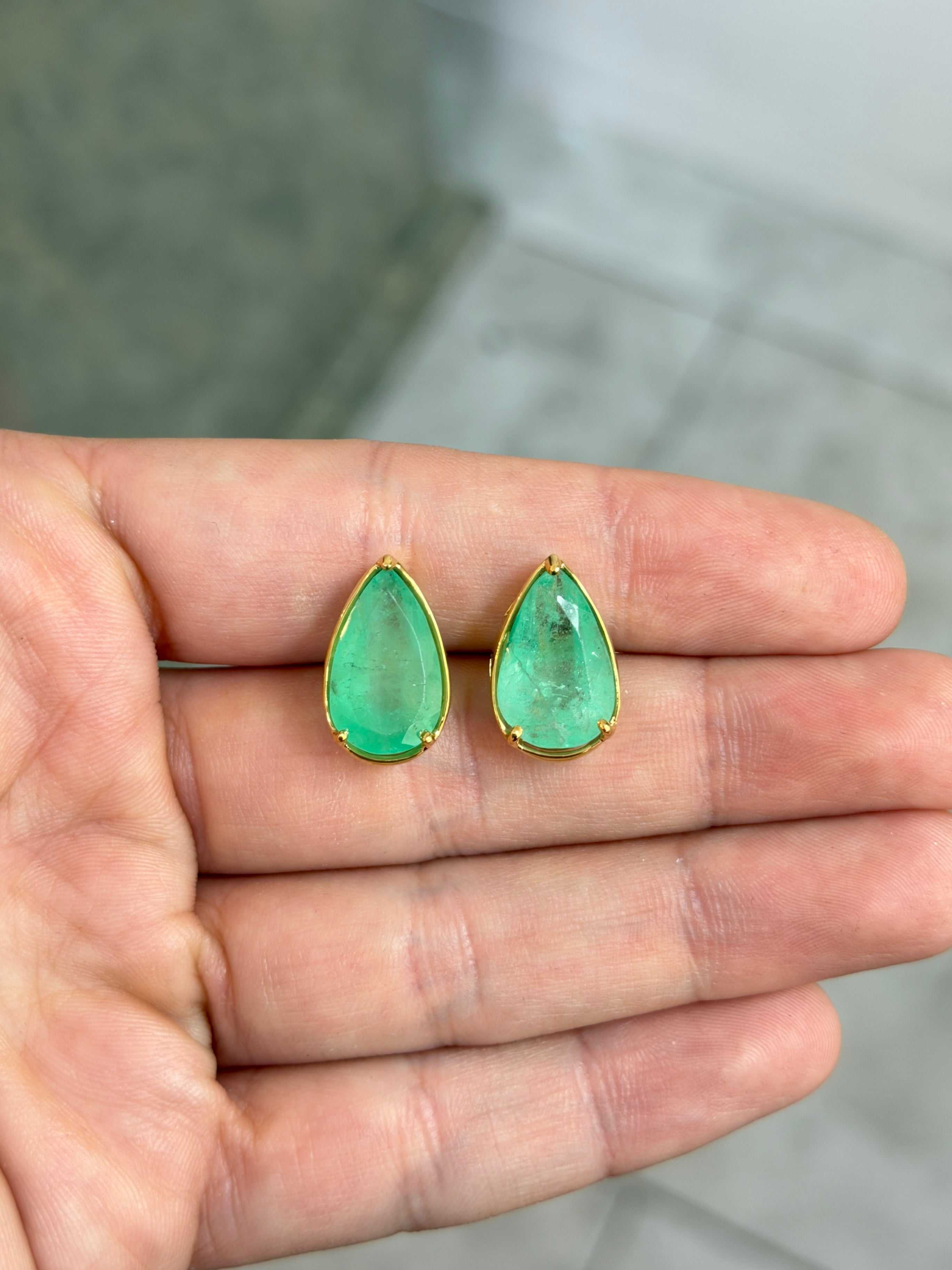 11.51tcw XL Earthy Colombian Emerald Three Prong Studs 14K