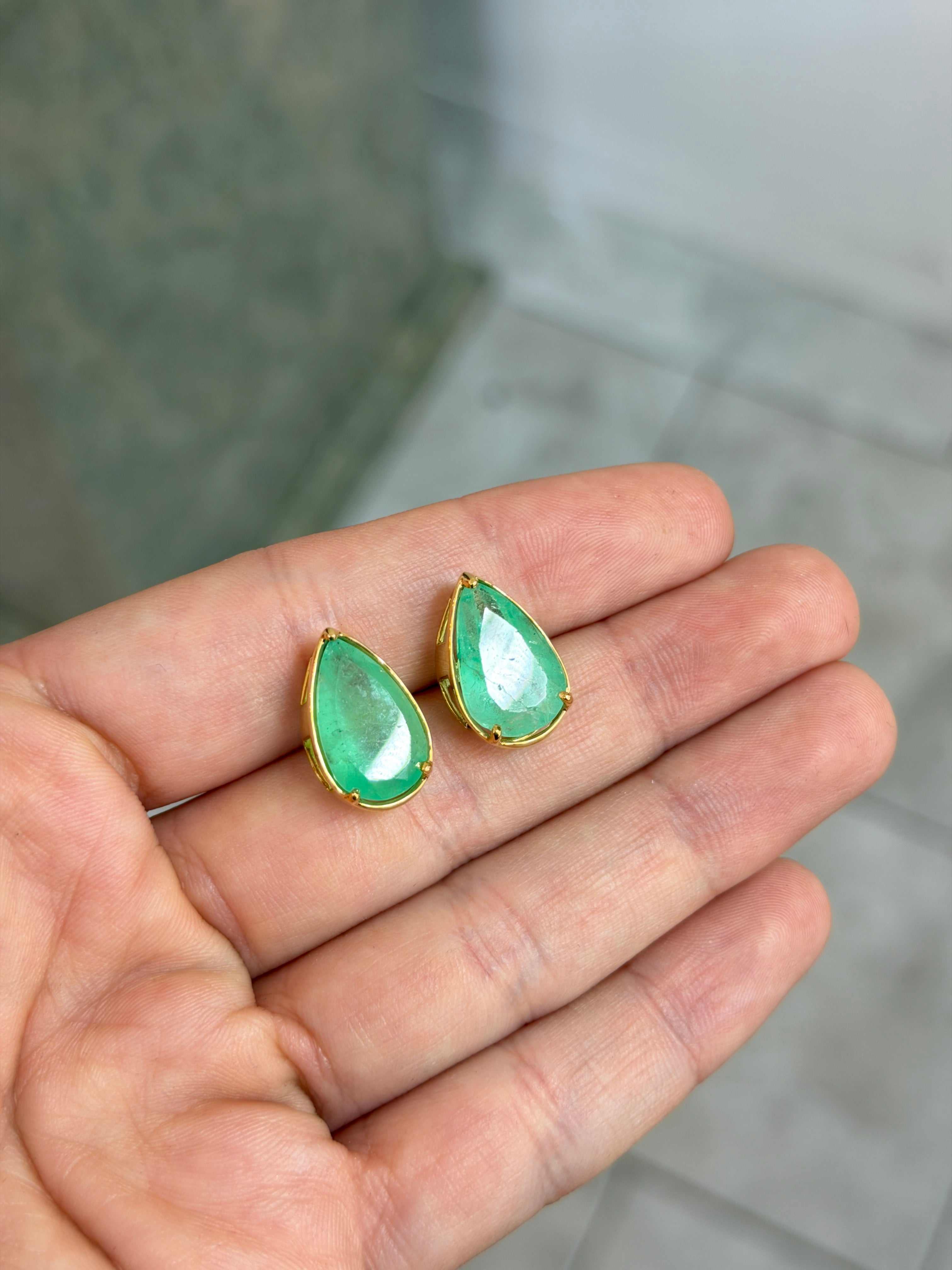 11.51tcw XL Earthy Colombian Emerald Three Prong Studs 14K