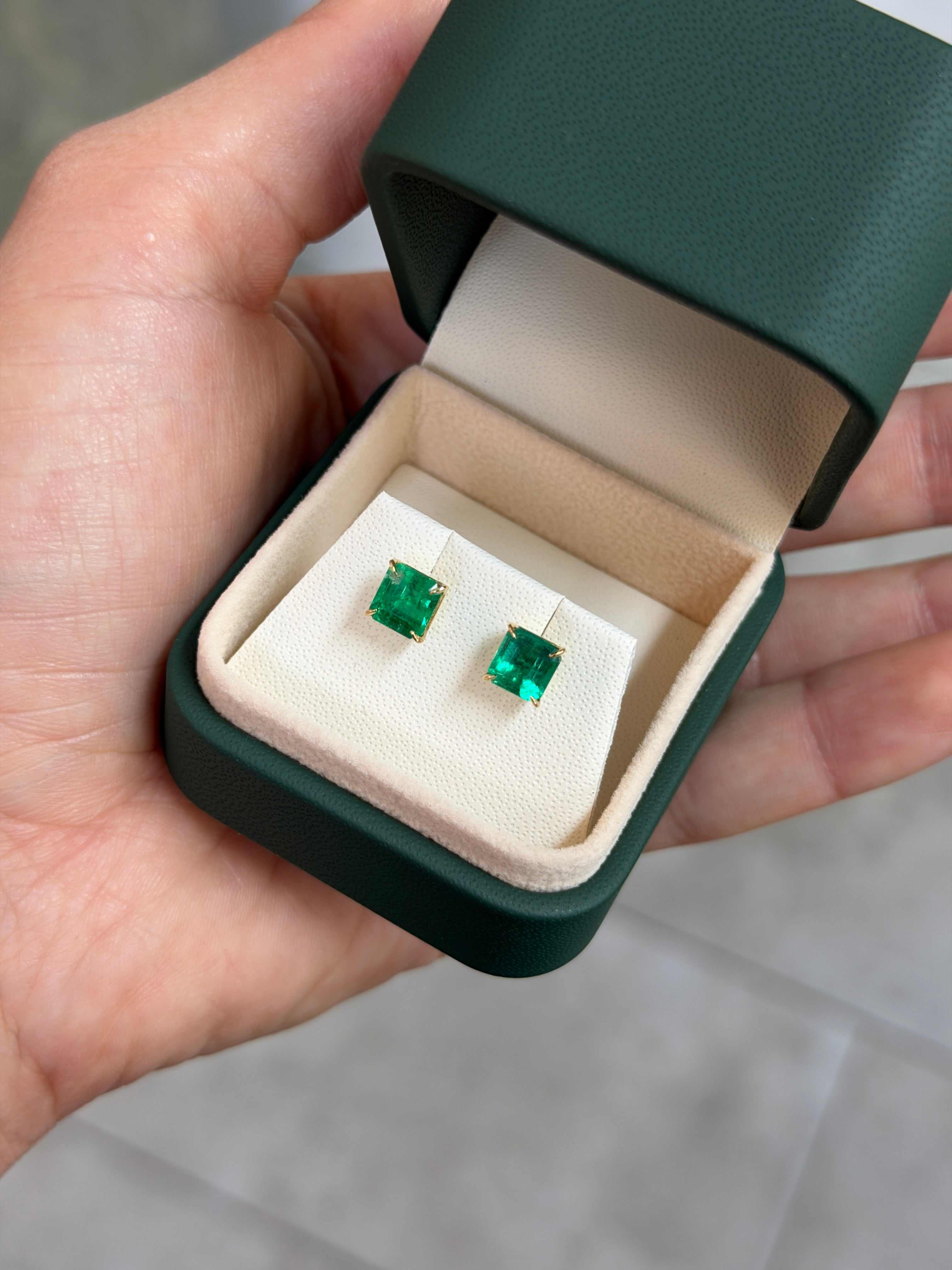 2.05tcw 18K Vivid Green Asscher Cut Colombian Emerald Studs