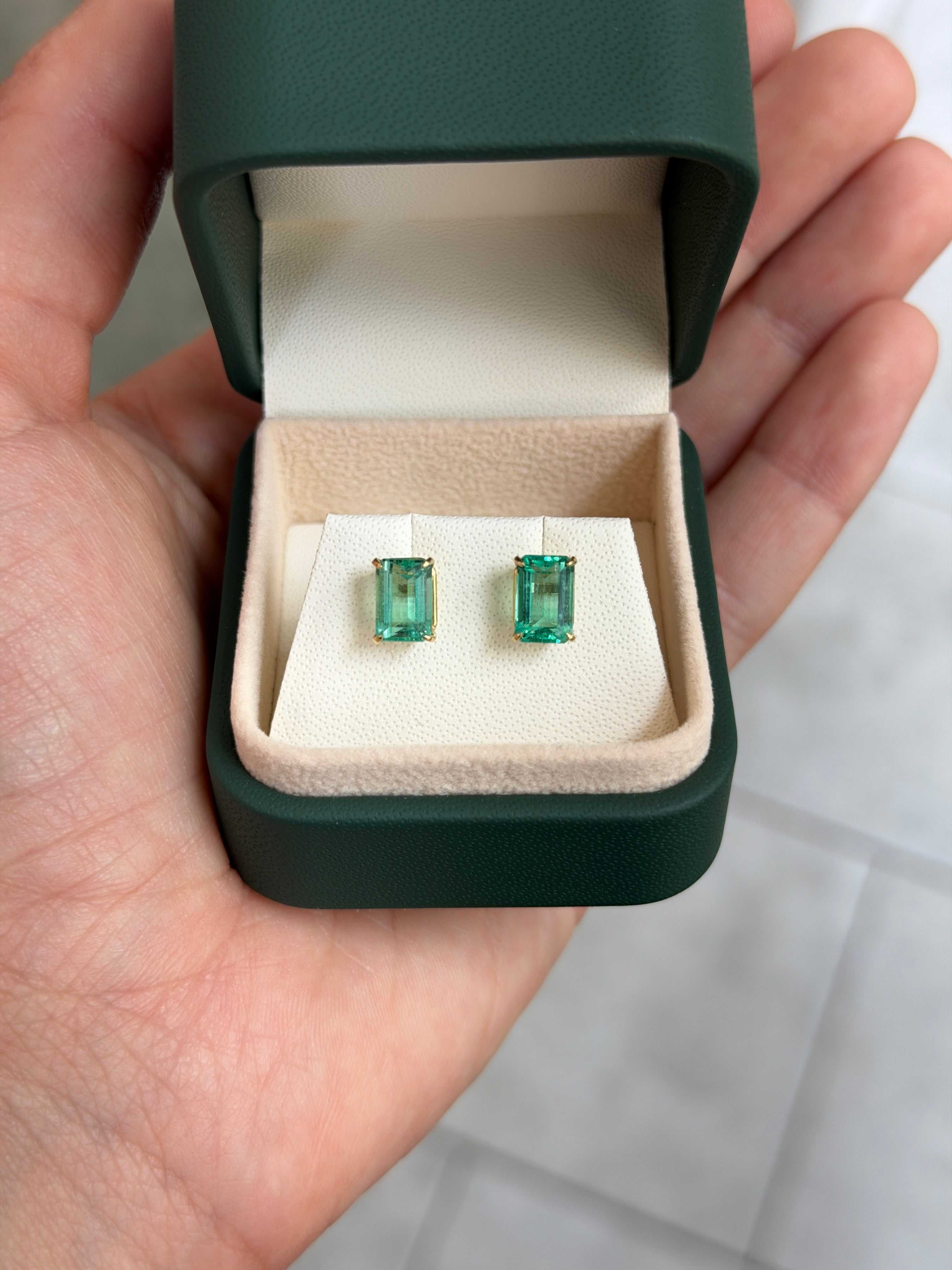 2.86tcw Light Bluish Green Crystal Clear Colombian Emerald Studs 18K