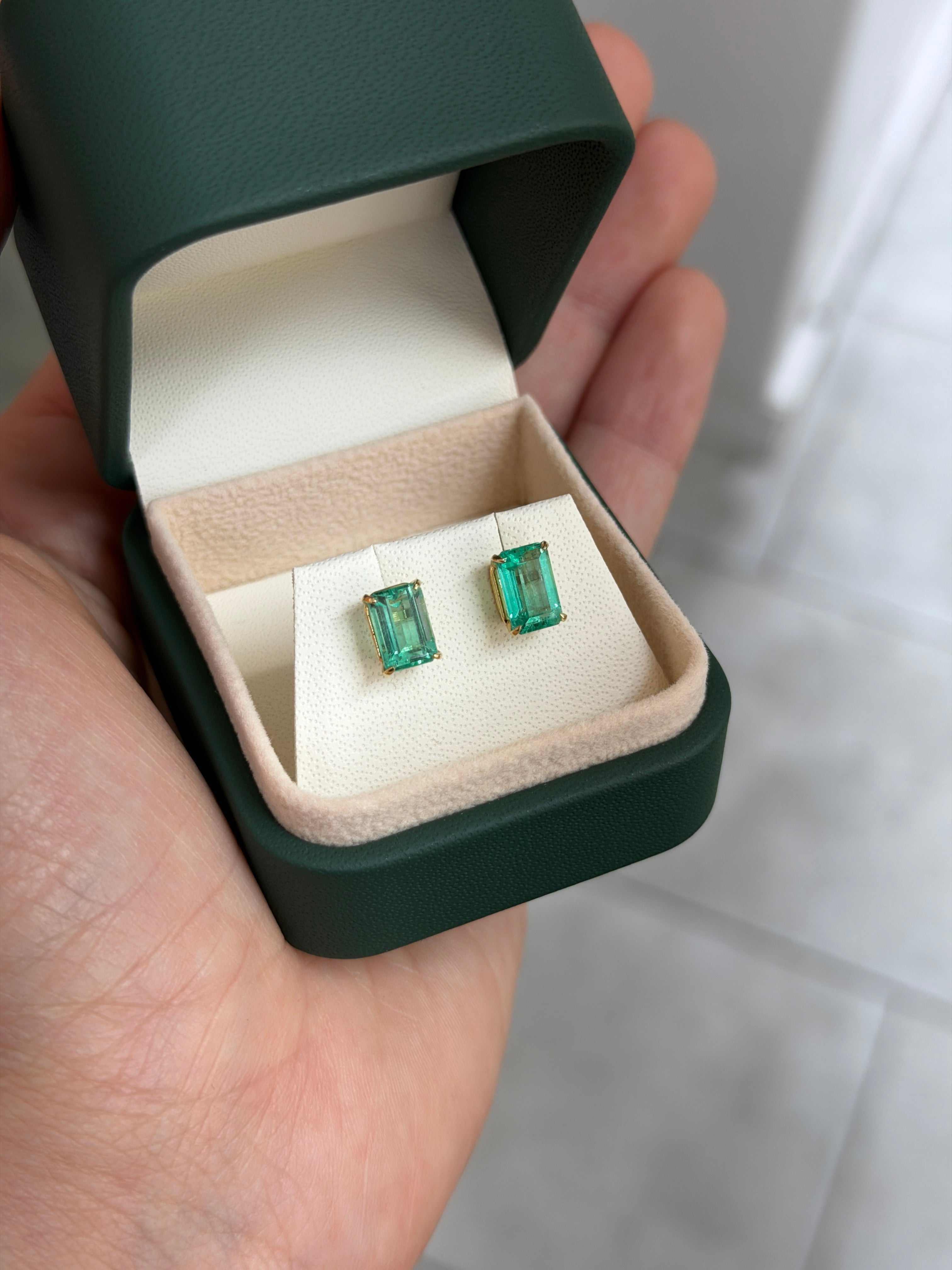 2.86tcw Light Bluish Green Crystal Clear Colombian Emerald Studs 18K