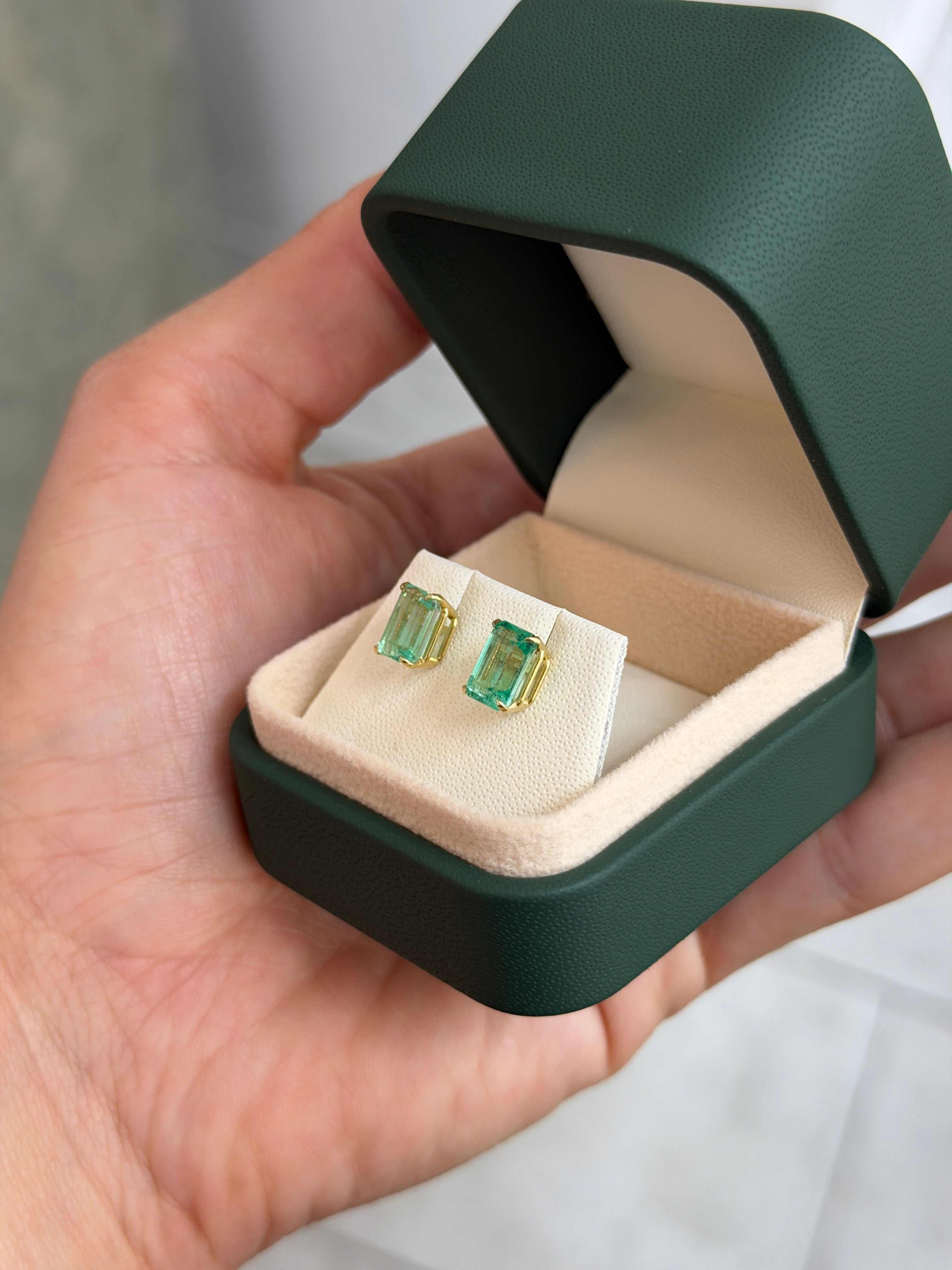 2.86tcw Light Bluish Green Crystal Clear Colombian Emerald Studs 18K