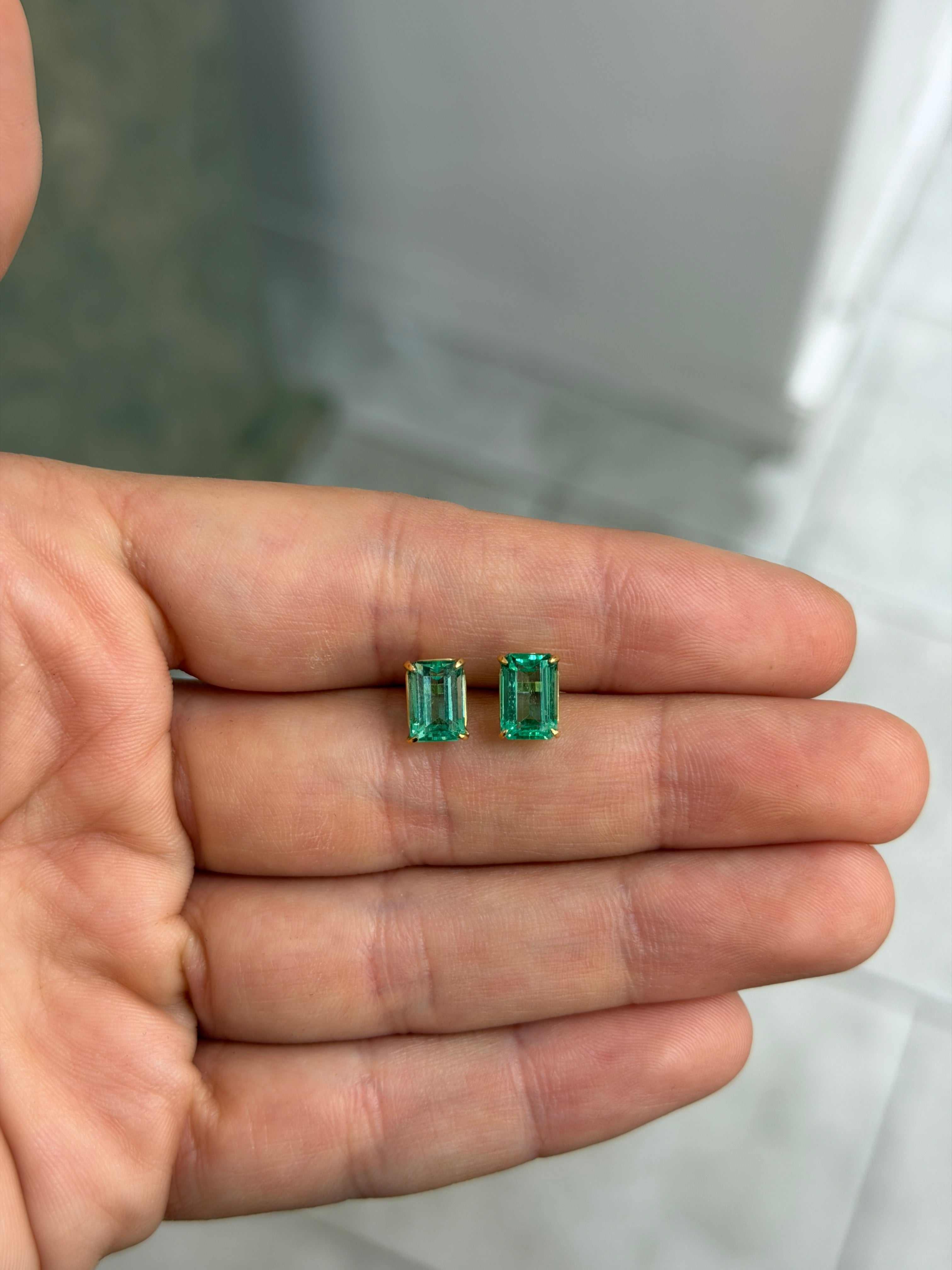2.86tcw Light Bluish Green Crystal Clear Colombian Emerald Studs 18K