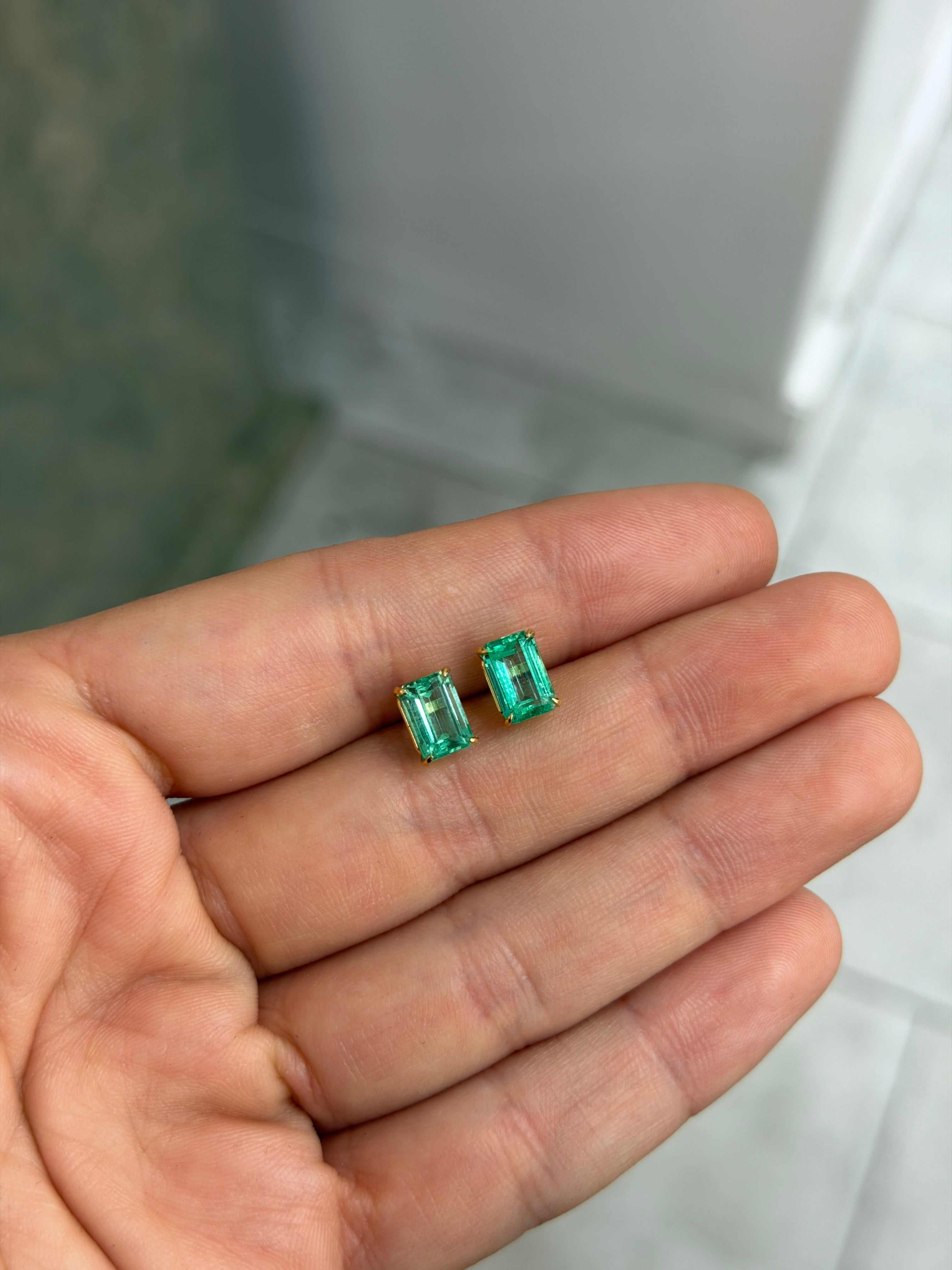 2.86tcw Light Bluish Green Crystal Clear Colombian Emerald Studs 18K
