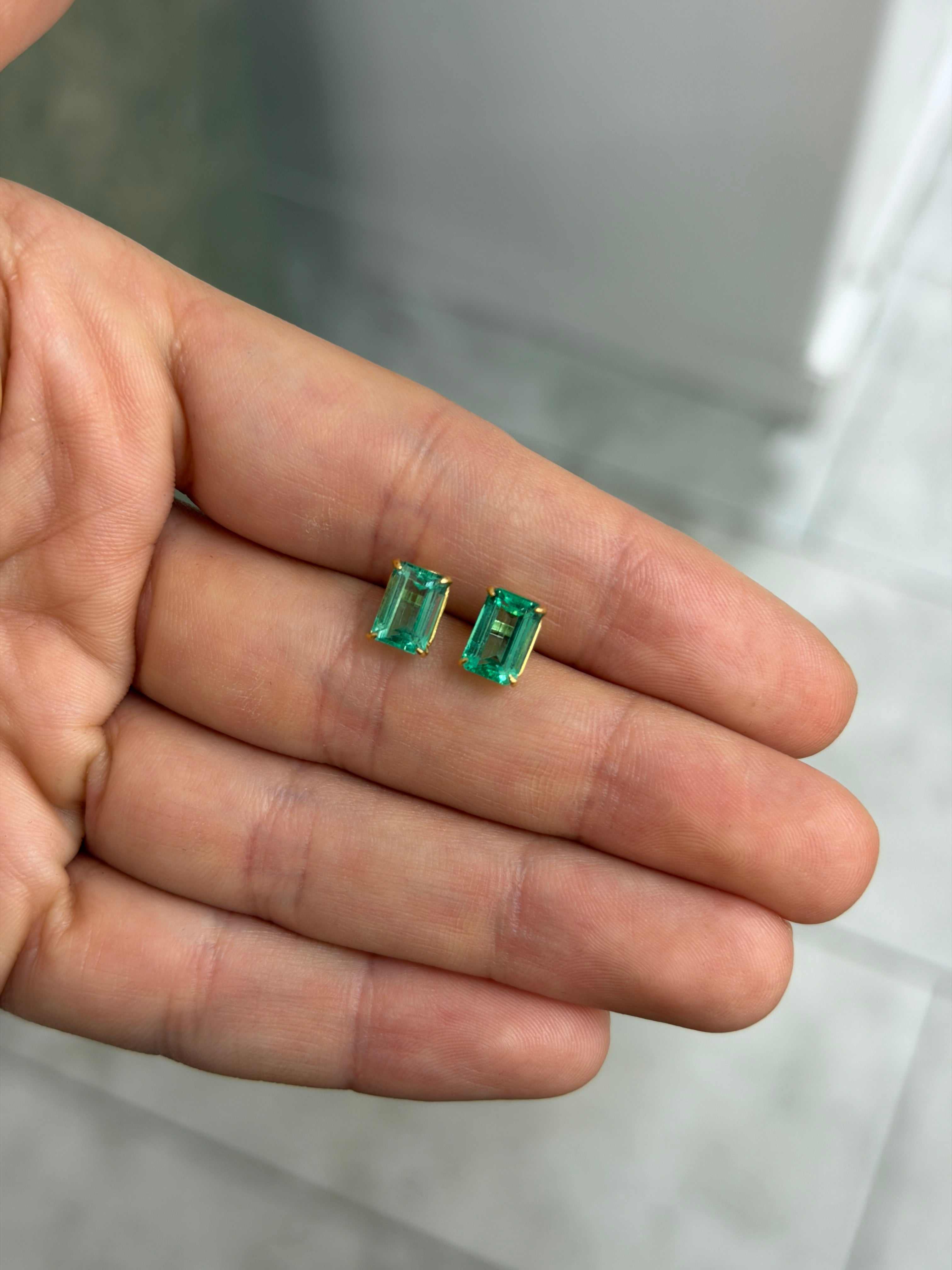 2.86tcw Light Bluish Green Crystal Clear Colombian Emerald Studs 18K