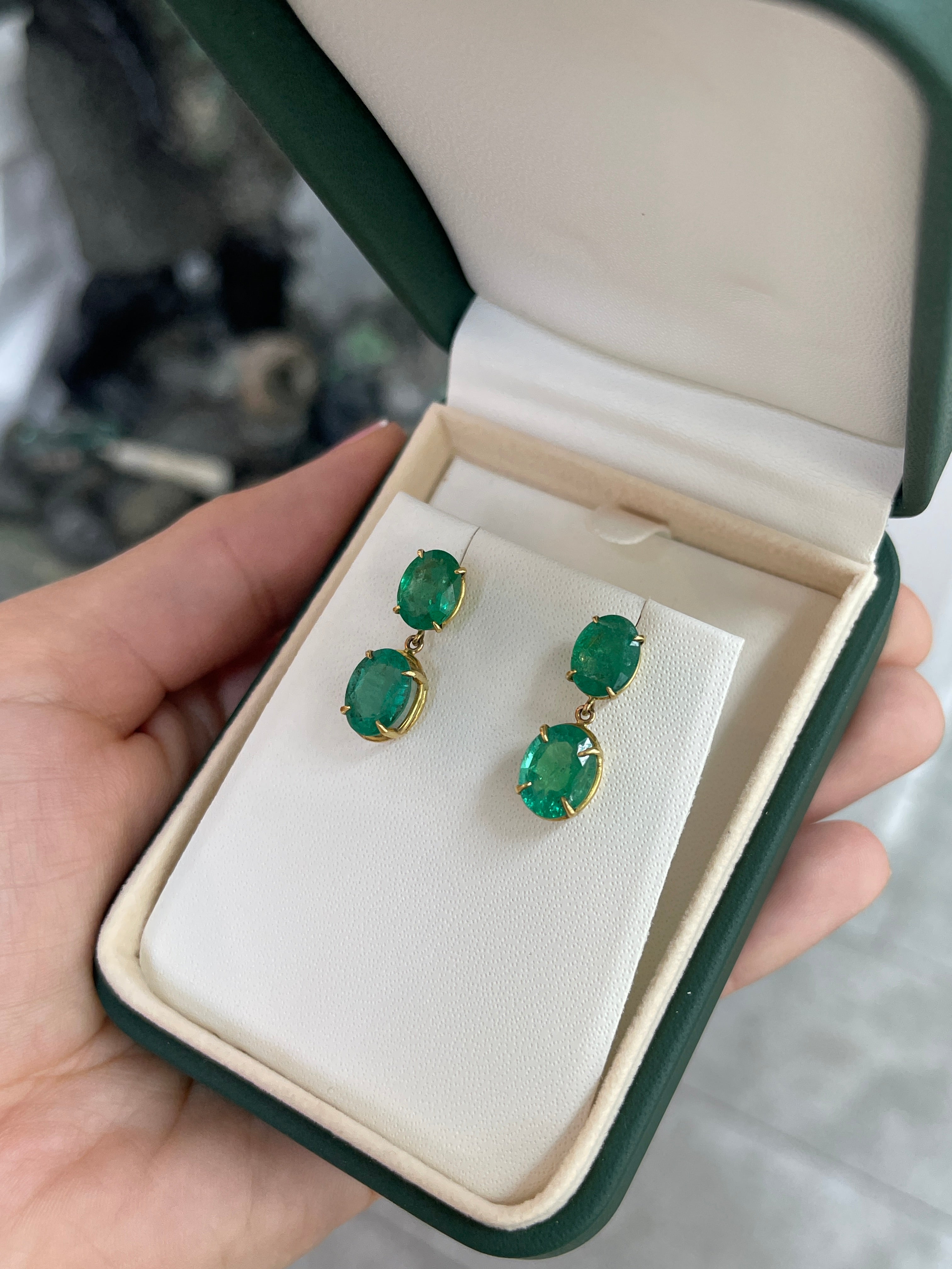Oval Emerald Dangle Earrings 8.18 TCW Medium Deep Bluish Green Zambian Emeralds 18K - JR Colombian Emeralds