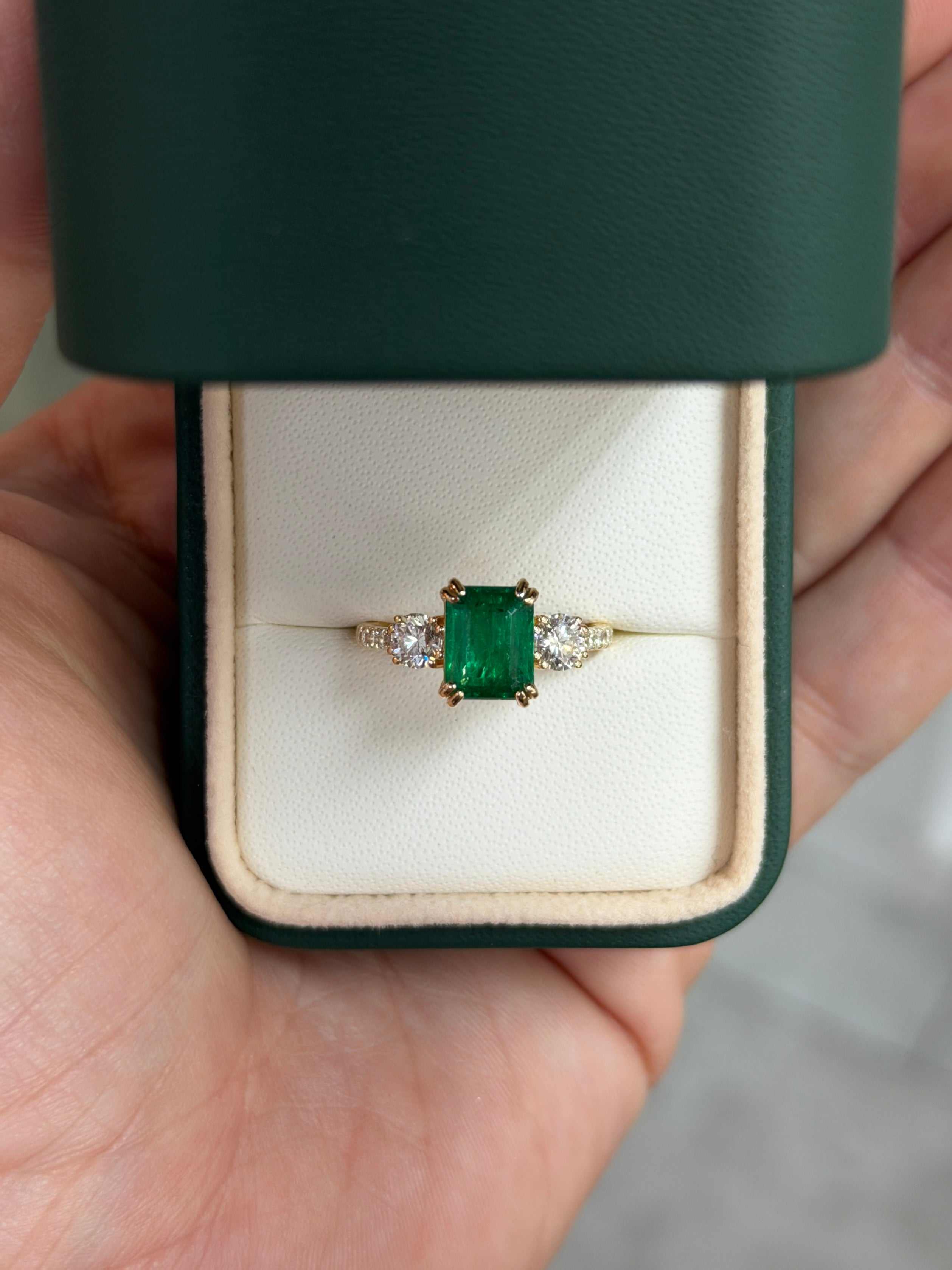 3.16tcw Classic Emerald Cut & Lab Diamond Three Stone with Accents 14K - JR Colombian Emeralds
