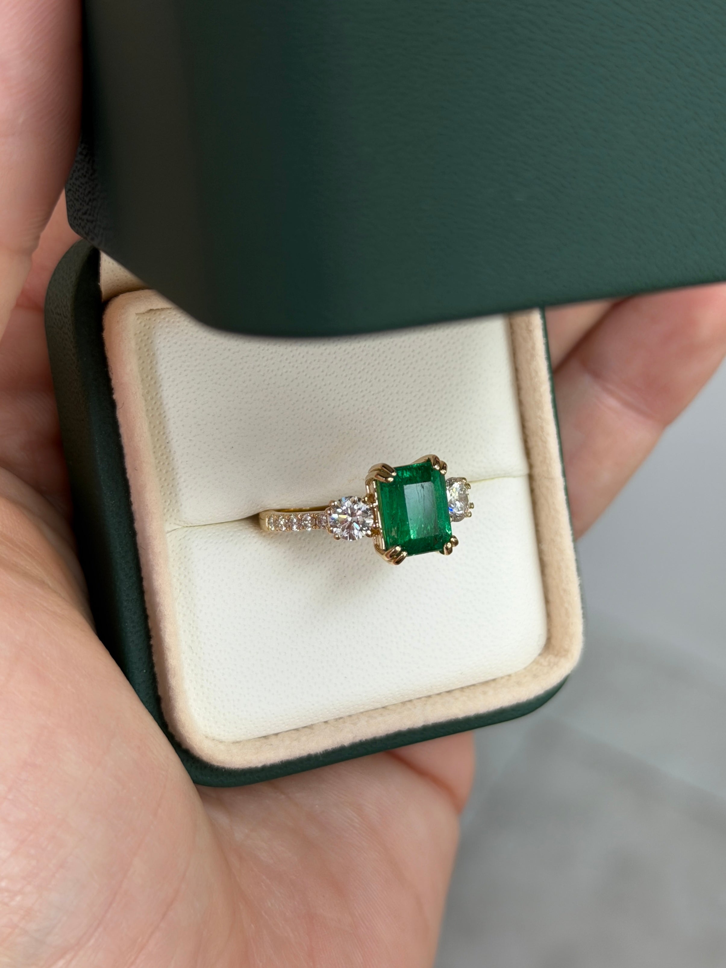3.16tcw Classic Emerald Cut & Lab Diamond Three Stone with Accents 14K - JR Colombian Emeralds