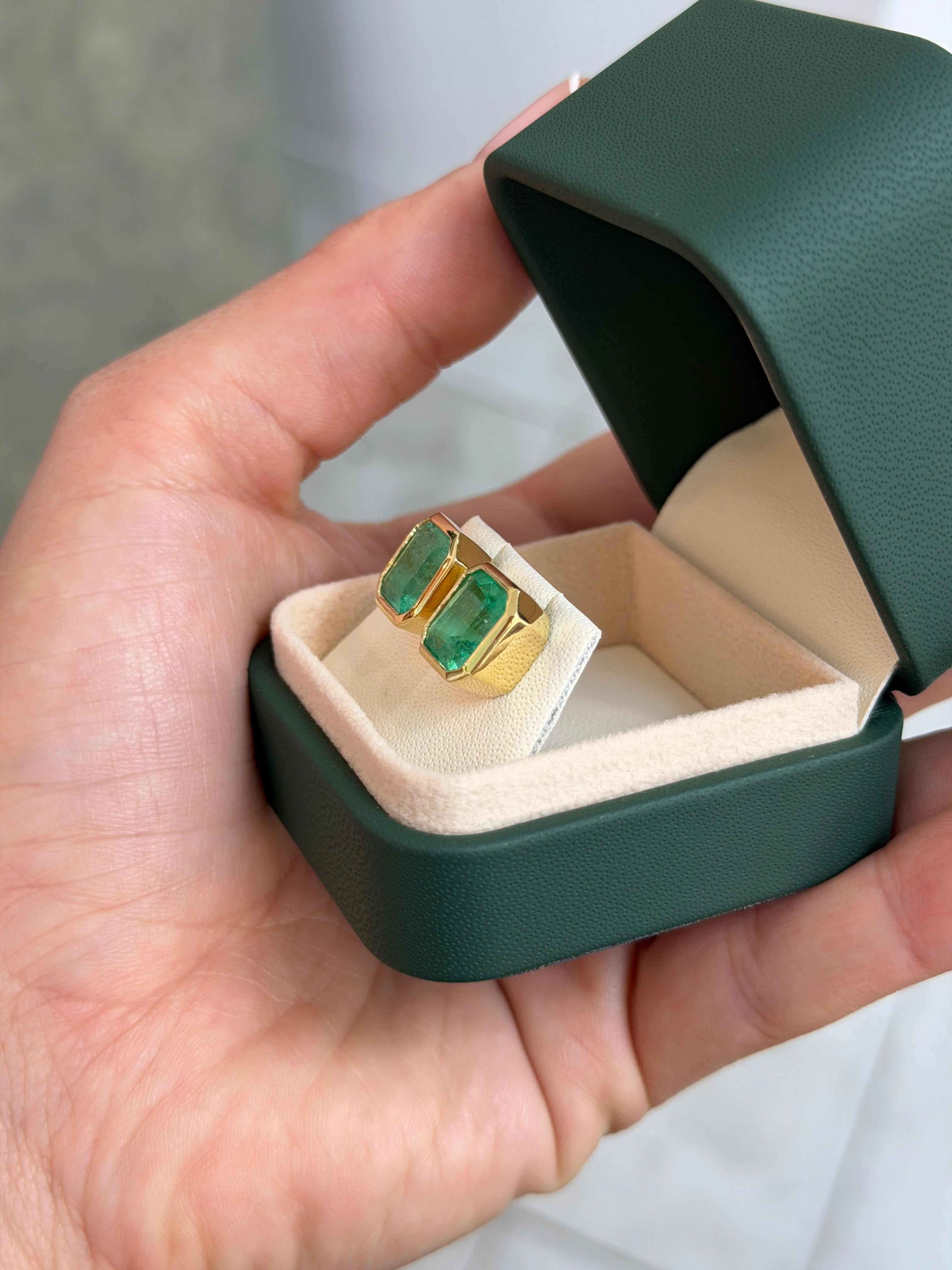 6.23tcw Asscher Cut Colombian Emerald Bezel Set Studs 18K