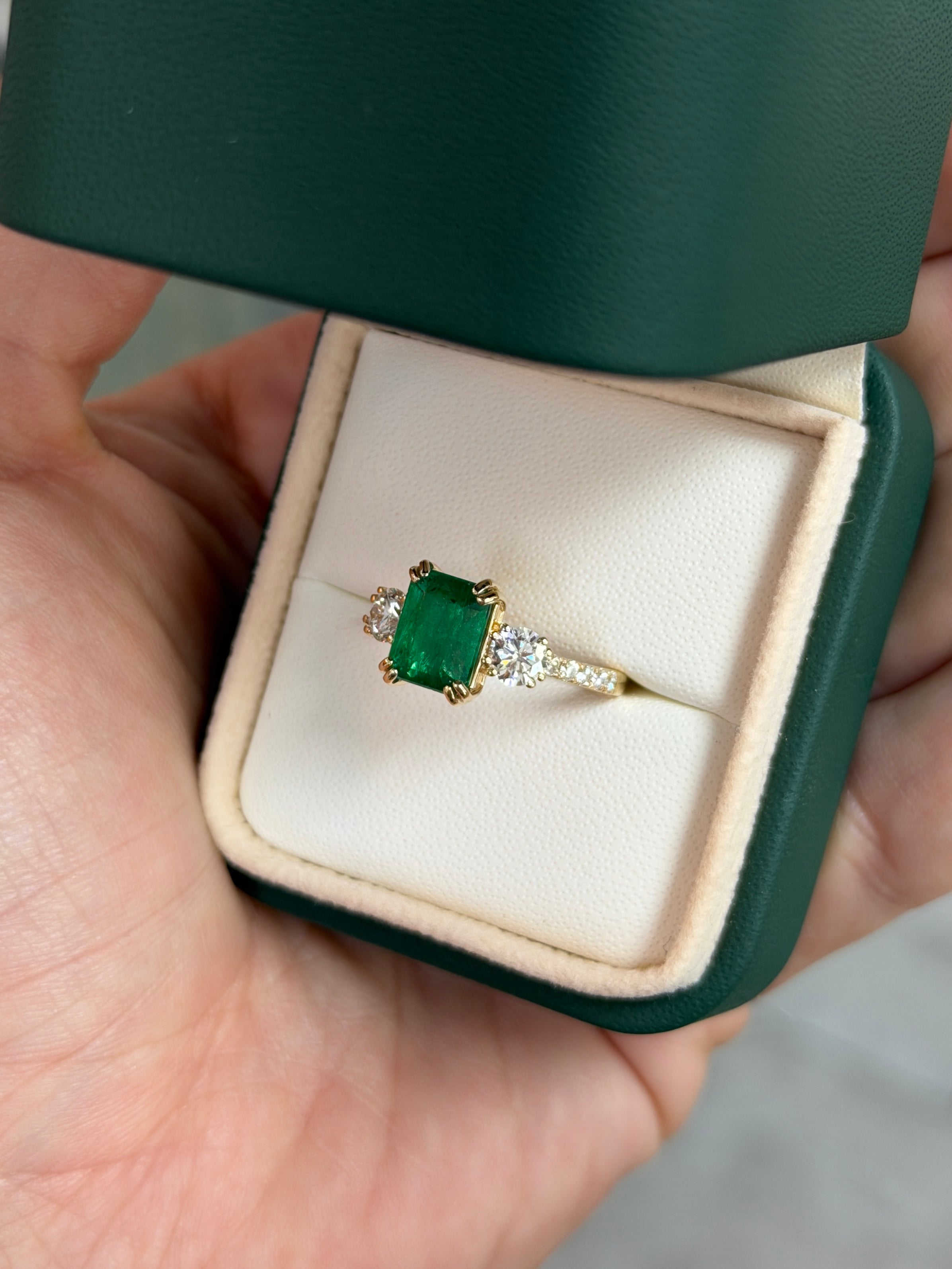 3.16tcw Classic Emerald Cut & Lab Diamond Three Stone with Accents 14K - JR Colombian Emeralds