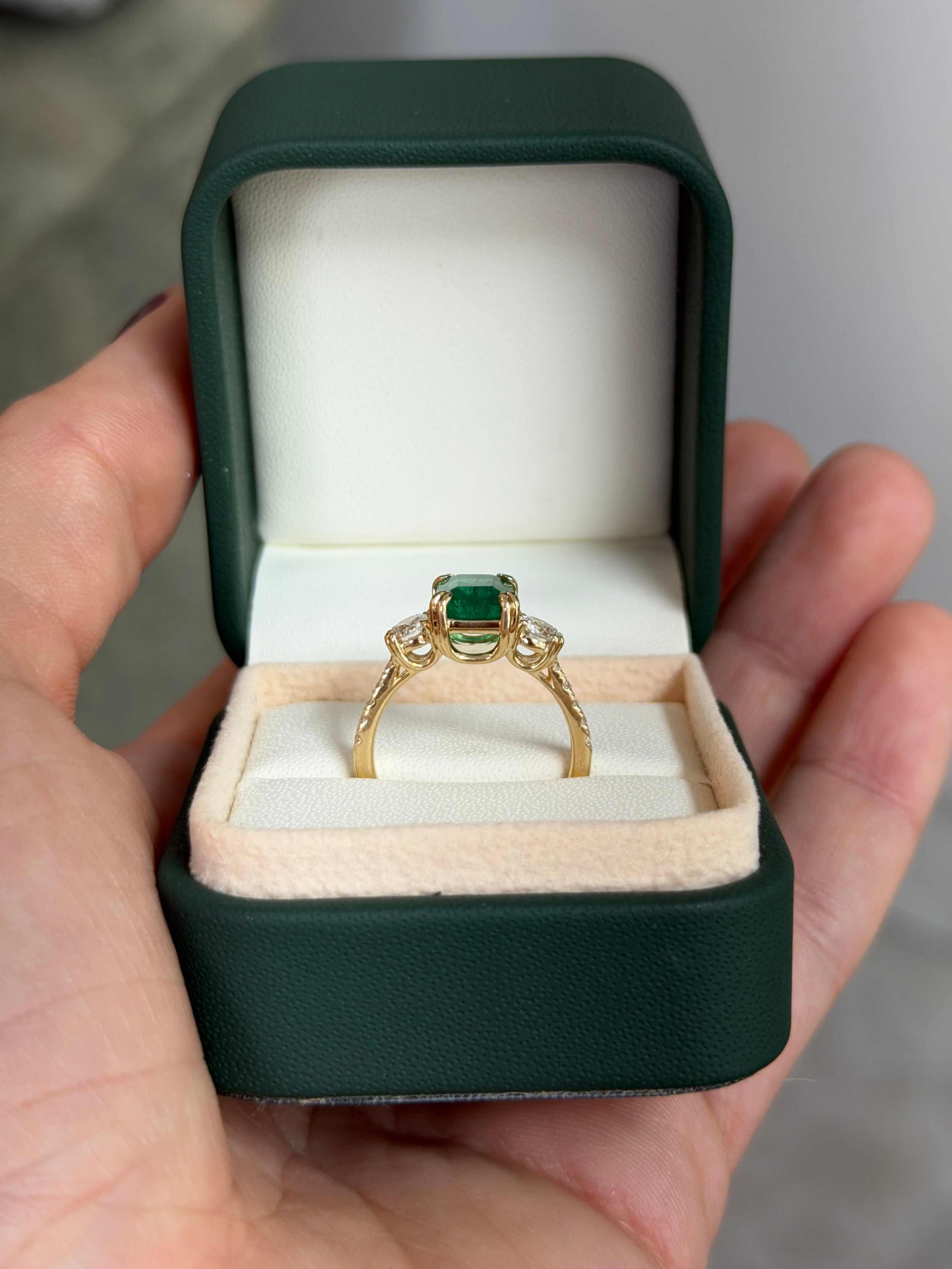 3.16tcw Classic Emerald Cut & Lab Diamond Three Stone with Accents 14K - JR Colombian Emeralds