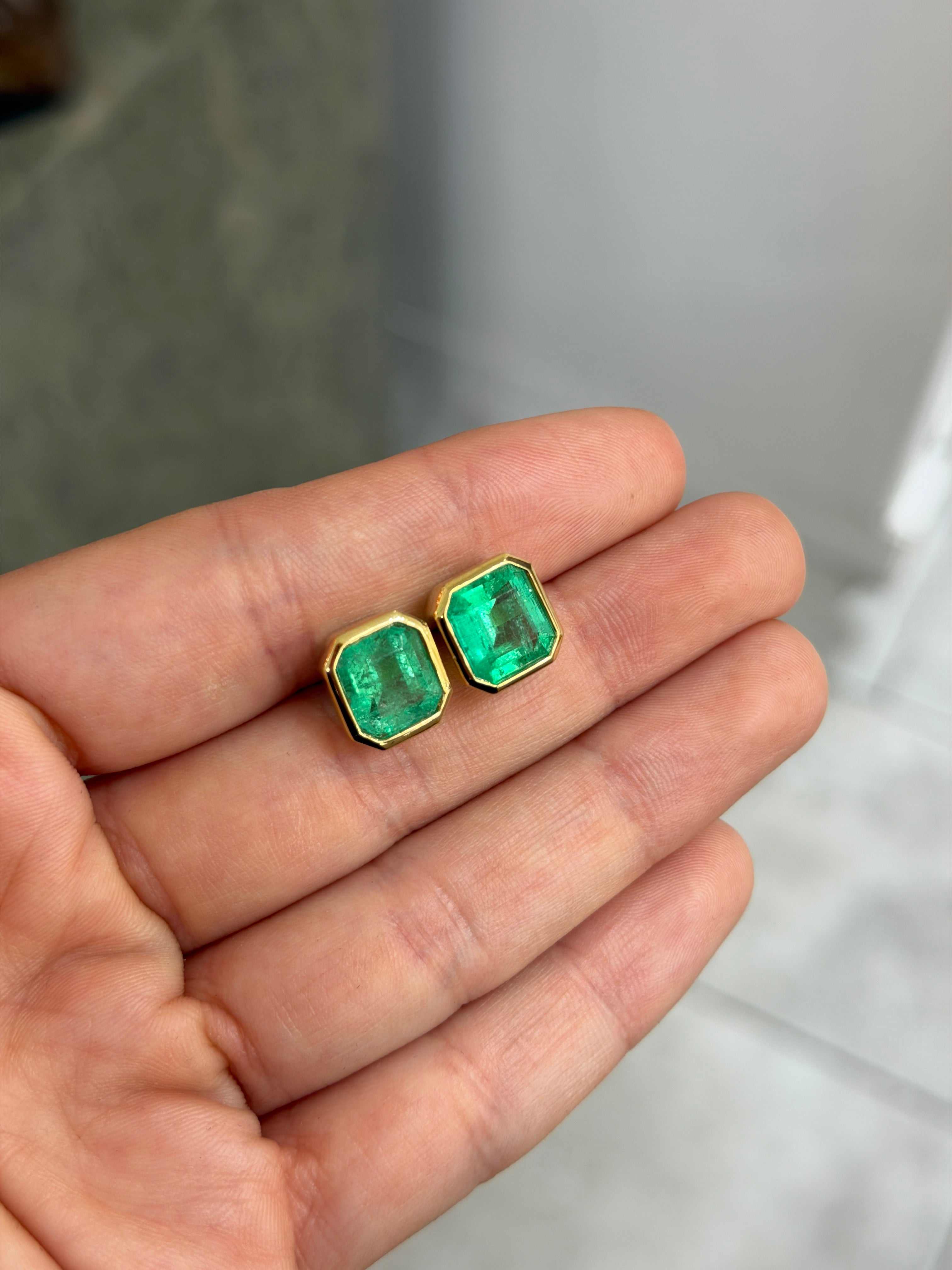6.23tcw Asscher Cut Colombian Emerald Bezel Set Studs 18K