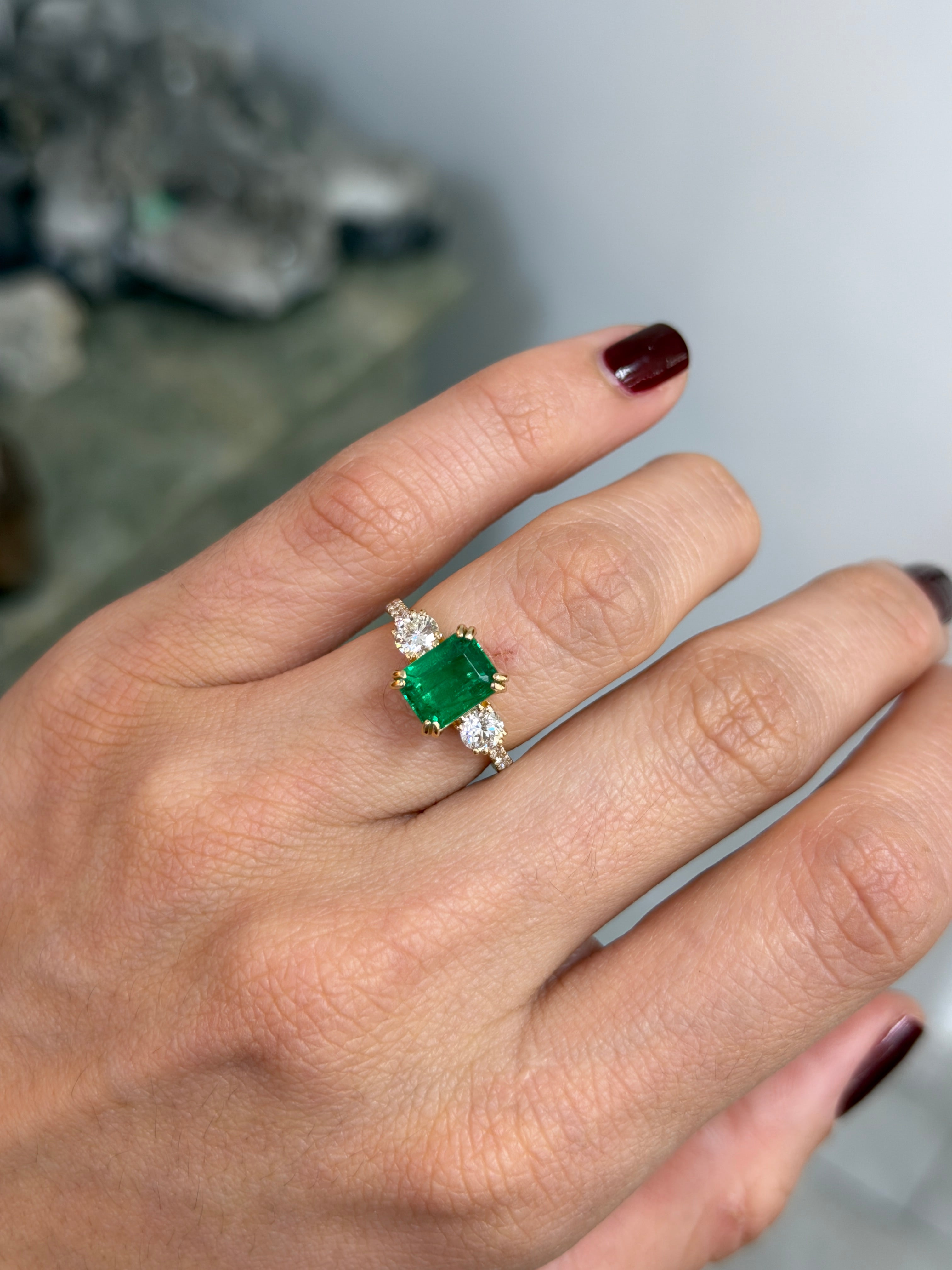 3.16tcw Classic Emerald Cut & Lab Diamond Three Stone with Accents 14K - JR Colombian Emeralds